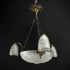 Art Deco Chandelier Hanging Lamp with rose décor, 1930s
