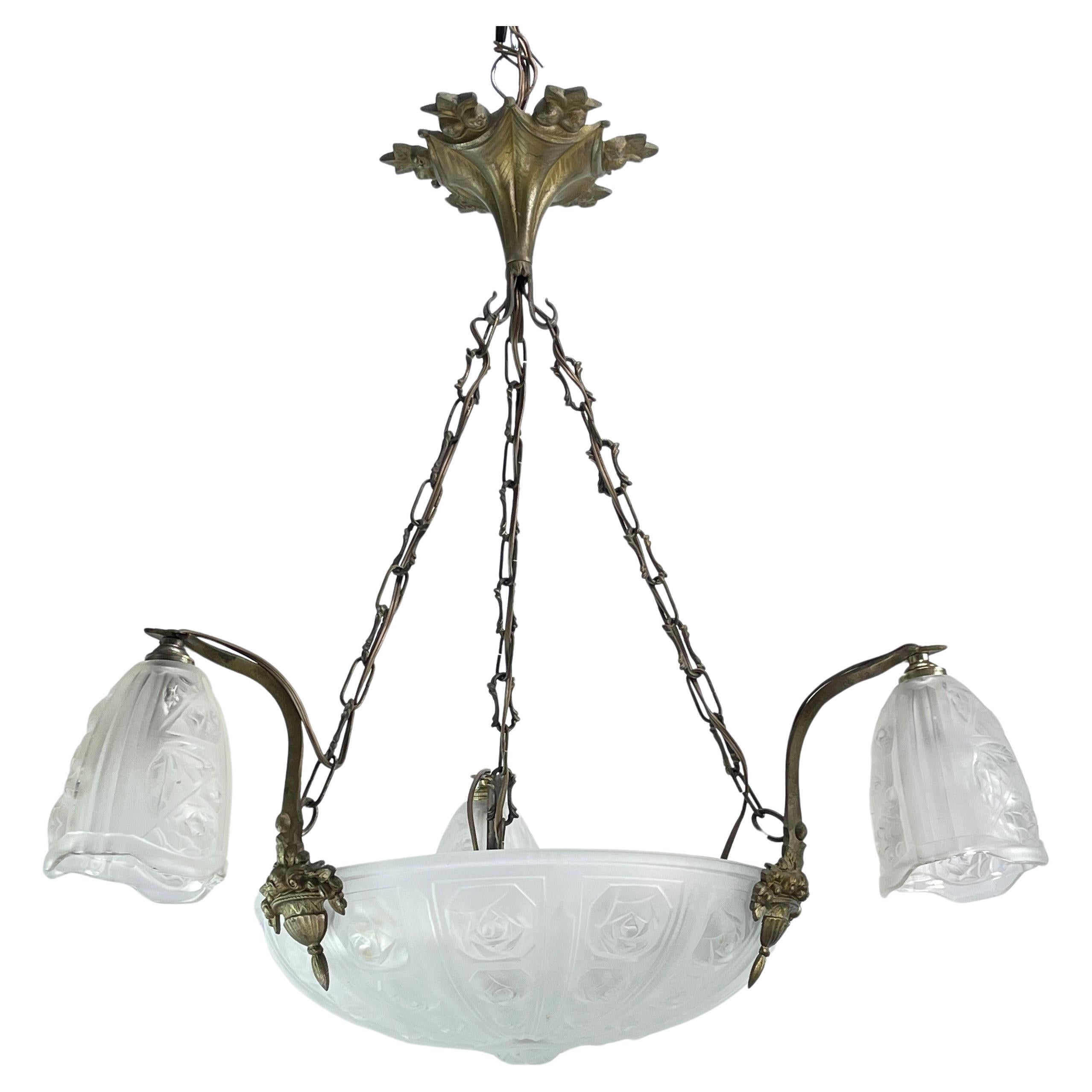 Art Deco Chandelier Hanging Lamp with rose décor, 1930s For Sale