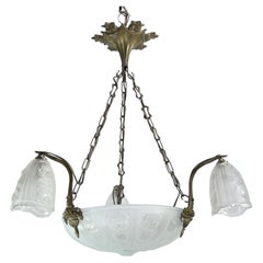 Art Deco Chandelier Hanging Lamp with rose décor, 1930s