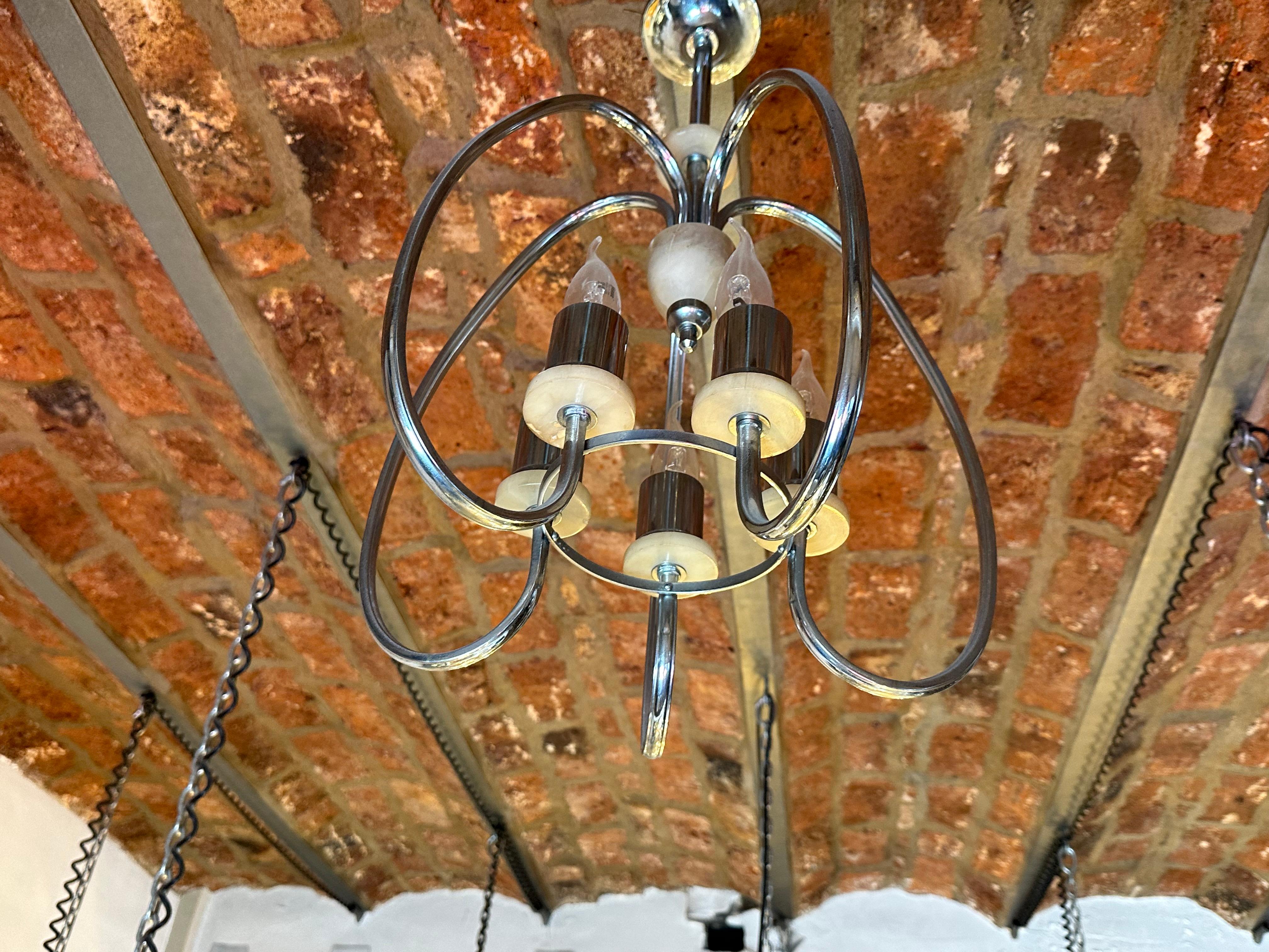 Art Deco chandelier in Alabaster and chrome bronze , France, 1920 For Sale 4