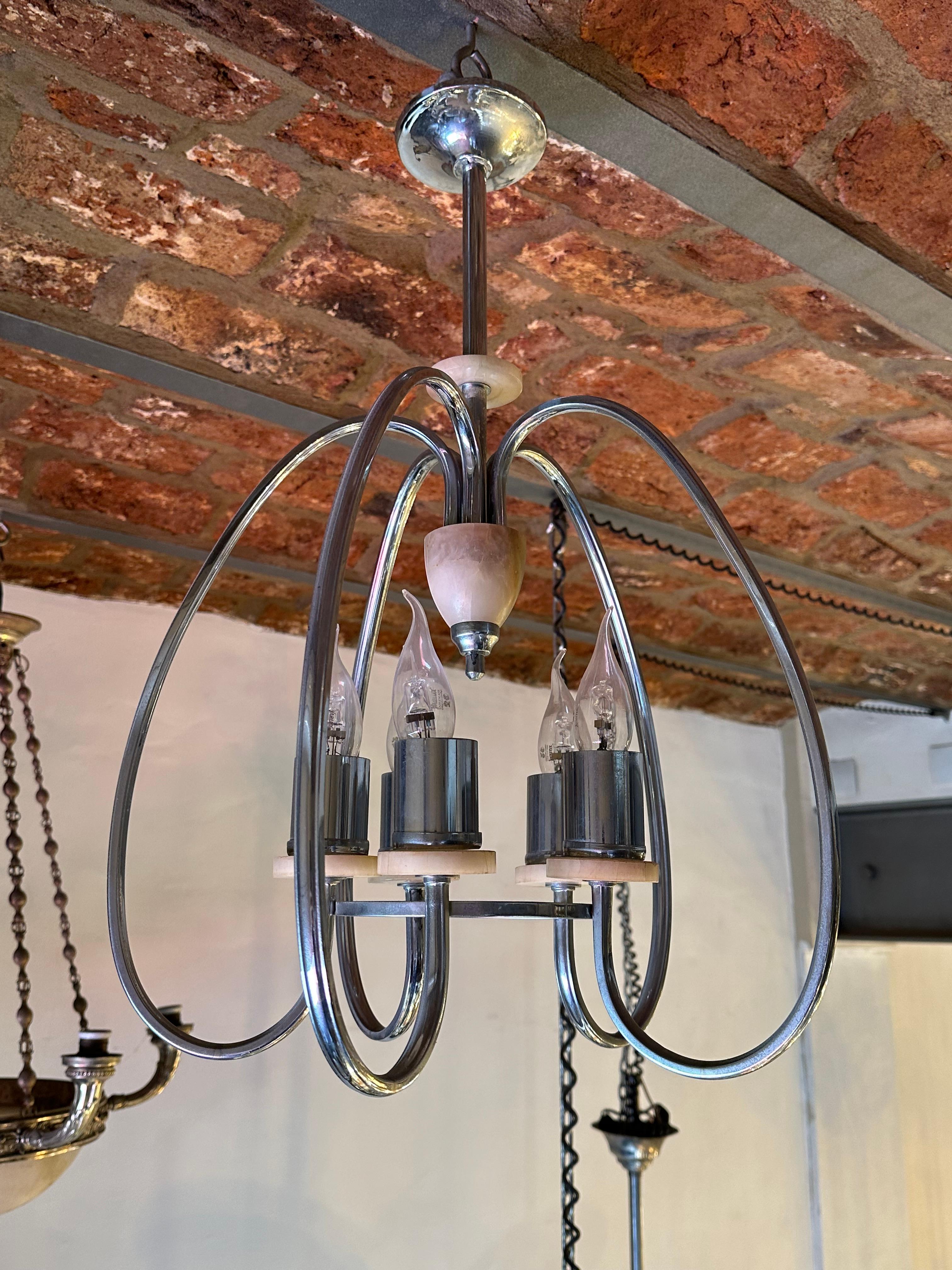 Hanging lamp.
Materials: chrome bronze and alabaster
Style: Art Deco
To take care of your property and the lives of our customers, the new wiring has been done.
We have specialized in the sale of Art Deco and Art Nouveau and Vintage styles since