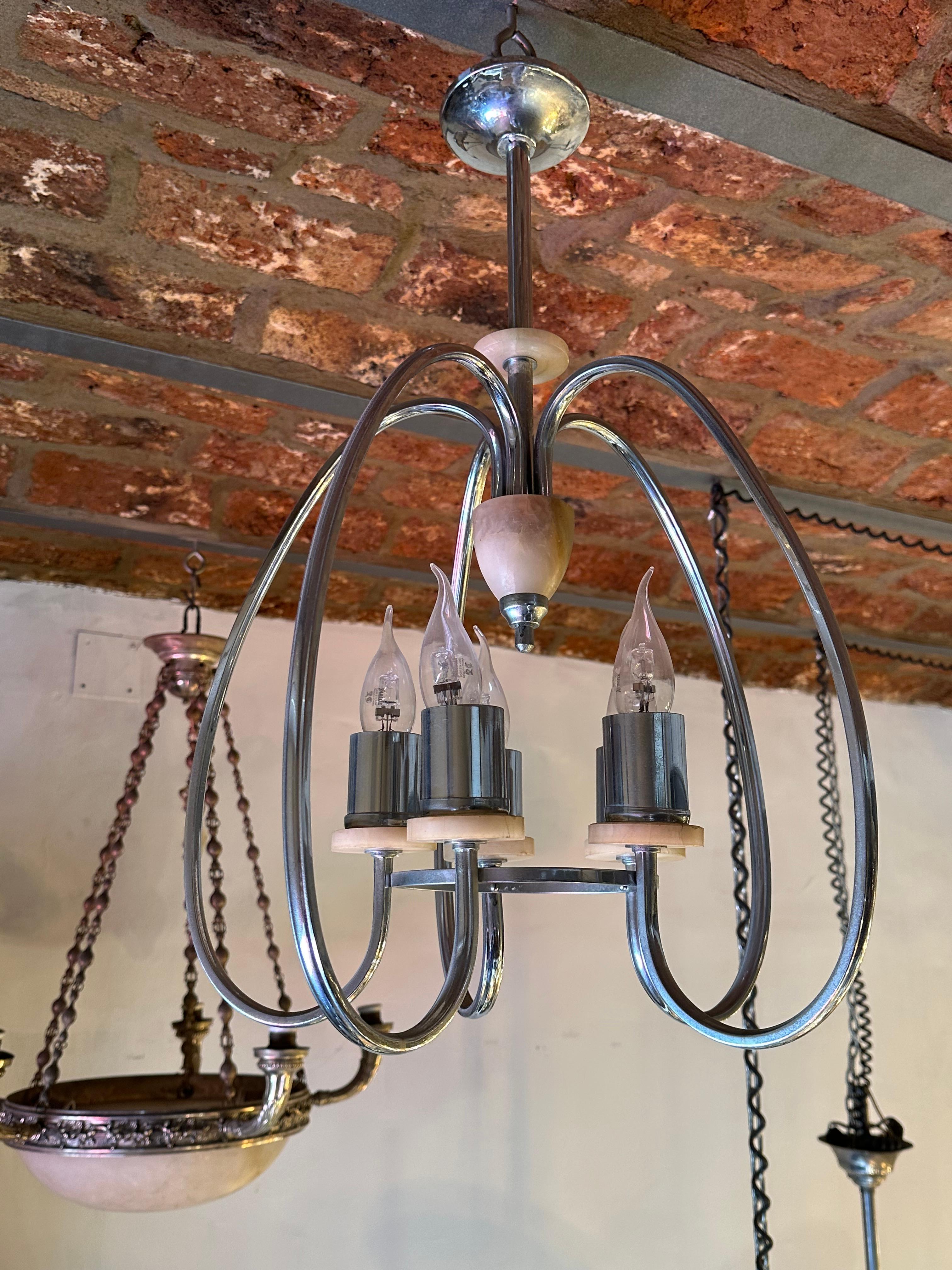 French Art Deco chandelier in Alabaster and chrome bronze , France, 1920 For Sale