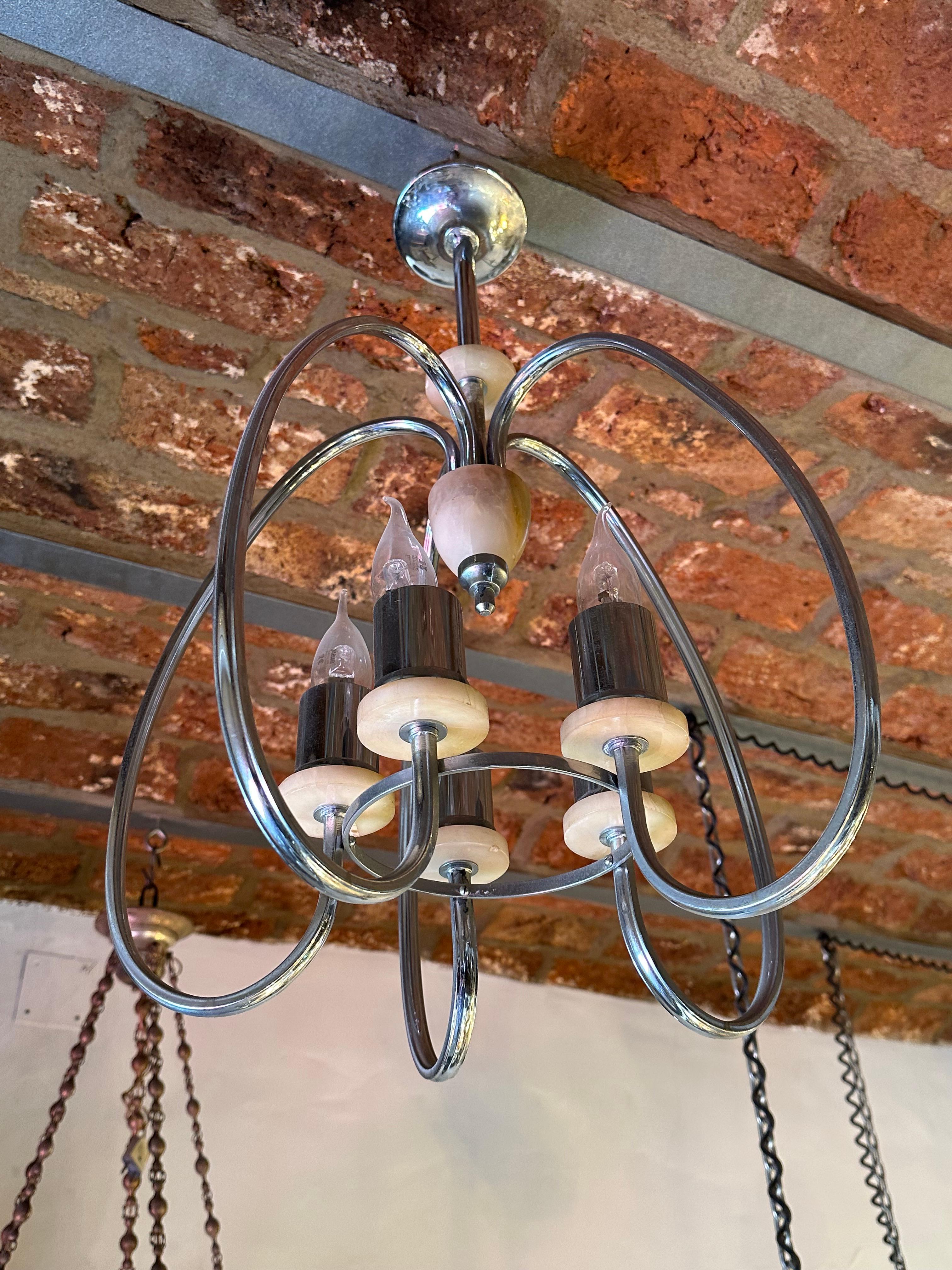 Art Deco chandelier in Alabaster and chrome bronze , France, 1920 In Good Condition For Sale In Ciudad Autónoma Buenos Aires, C
