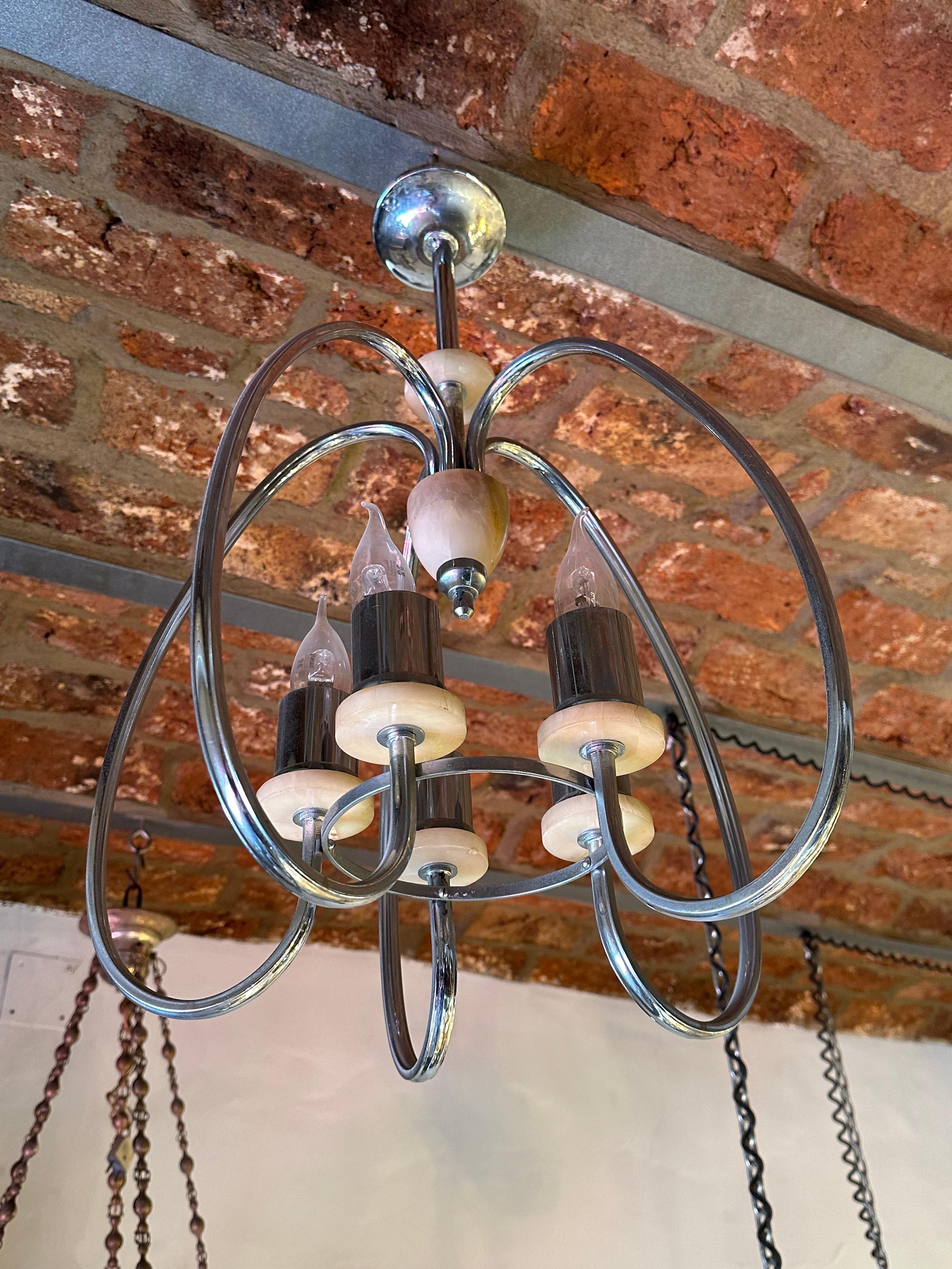 Early 20th Century Art Deco chandelier in Alabaster and chrome bronze , France, 1920 For Sale