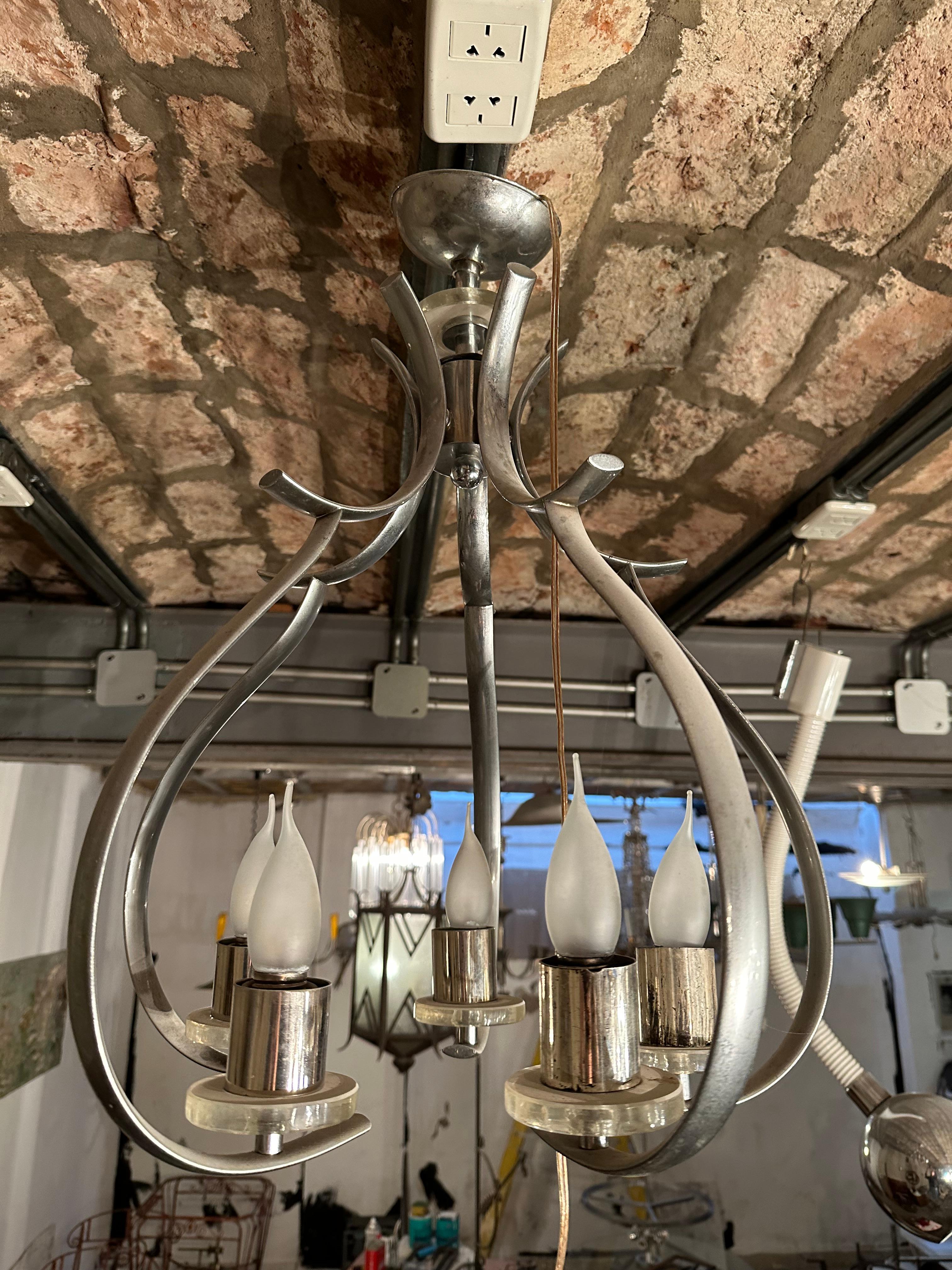 Art Deco chandelier in glass and chrome bronze , France, 1920 For Sale 1