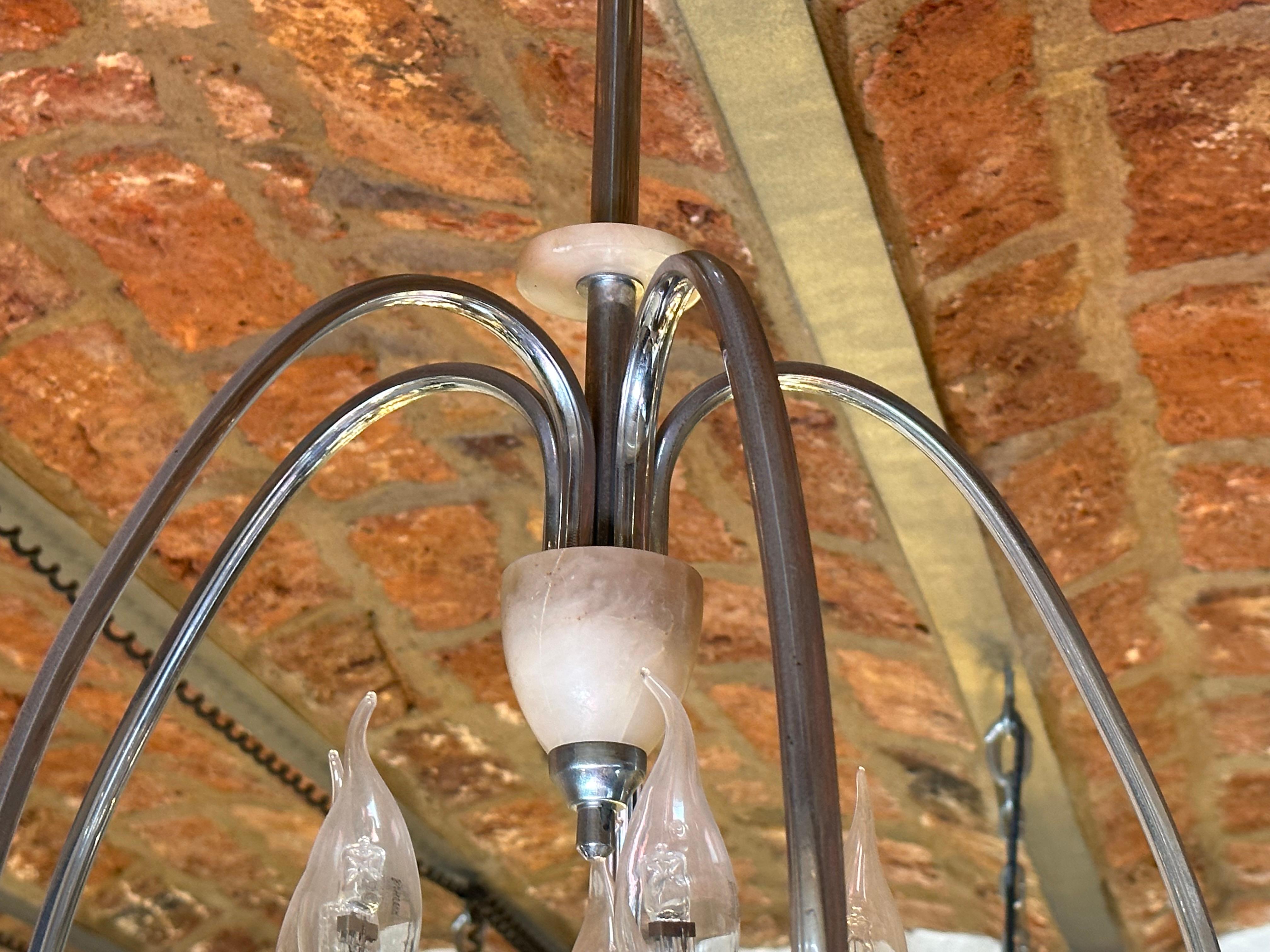 Art Deco chandelier in Alabaster and chrome bronze , France, 1920 For Sale 2