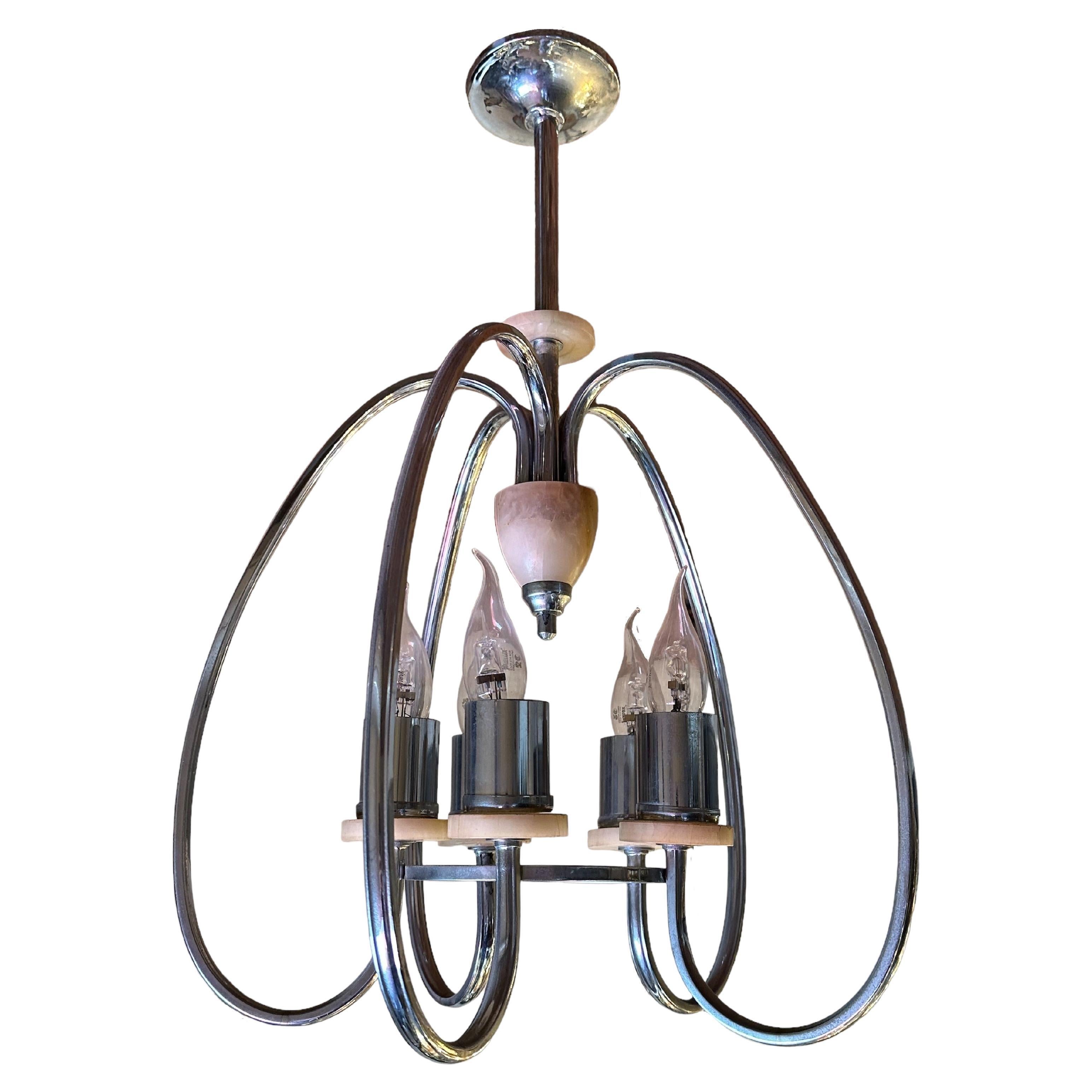 Art Deco chandelier in Alabaster and chrome bronze , France, 1920 For Sale