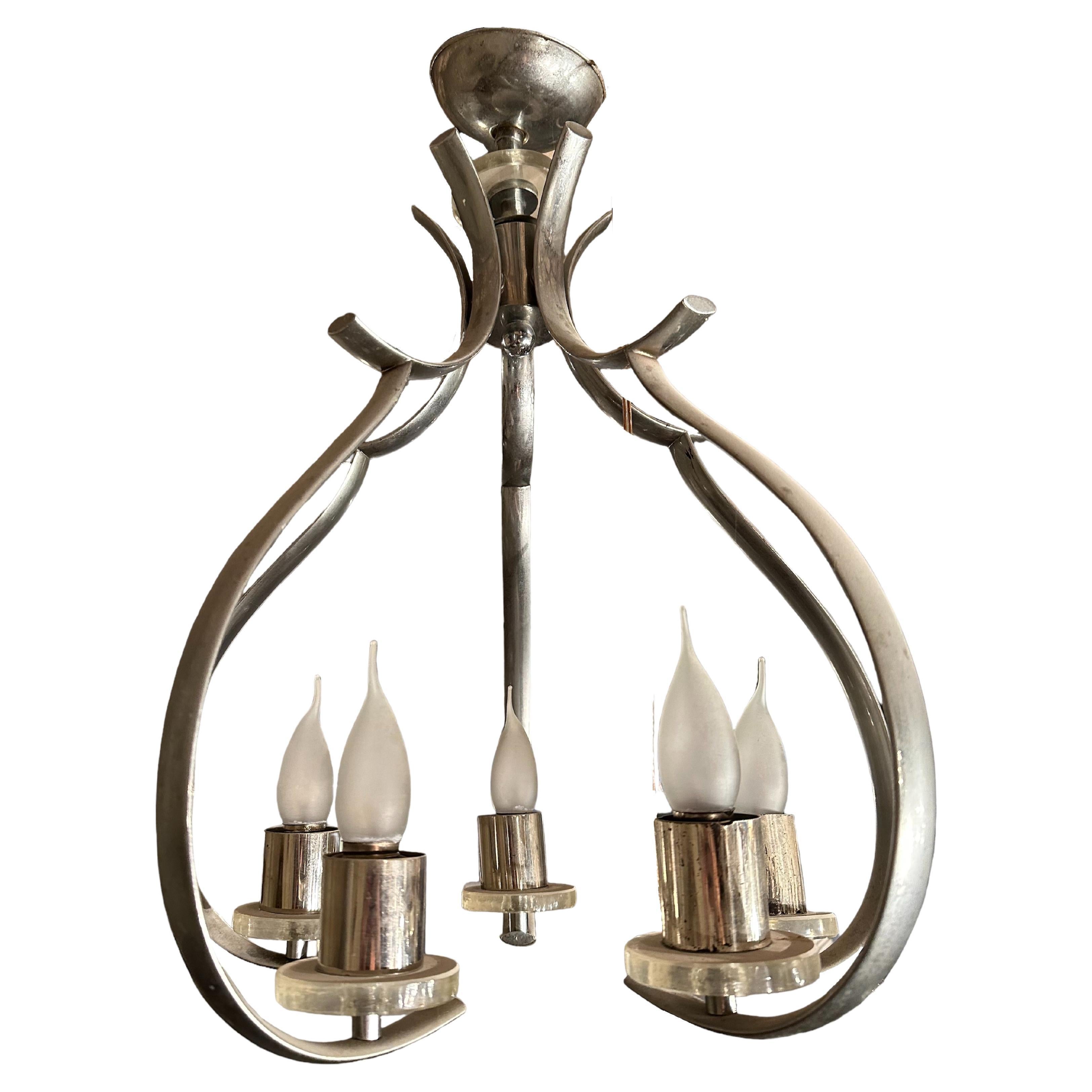 Art Deco chandelier in glass and chrome bronze , France, 1920 For Sale