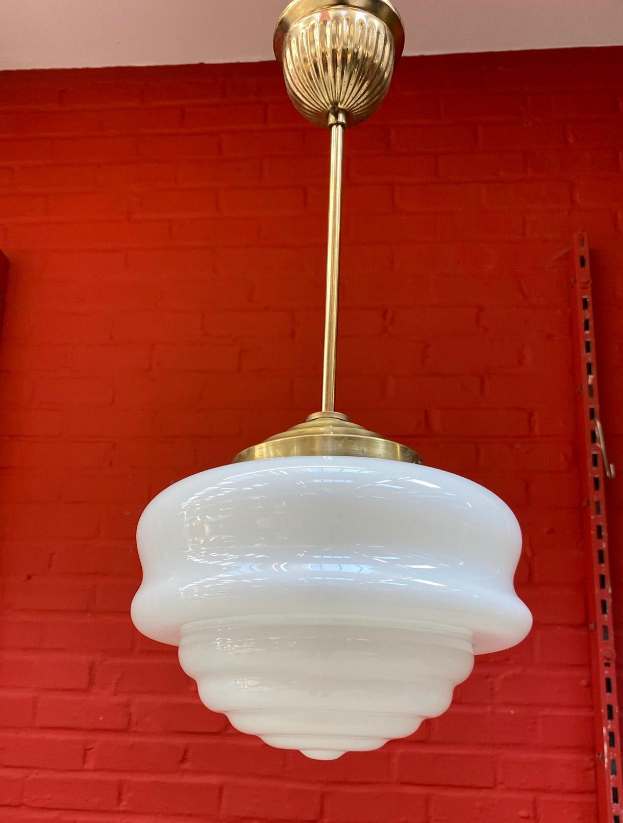 Mid-20th Century Art Deco Chandelier in Brass and Opaline, circa 1930/1950 For Sale