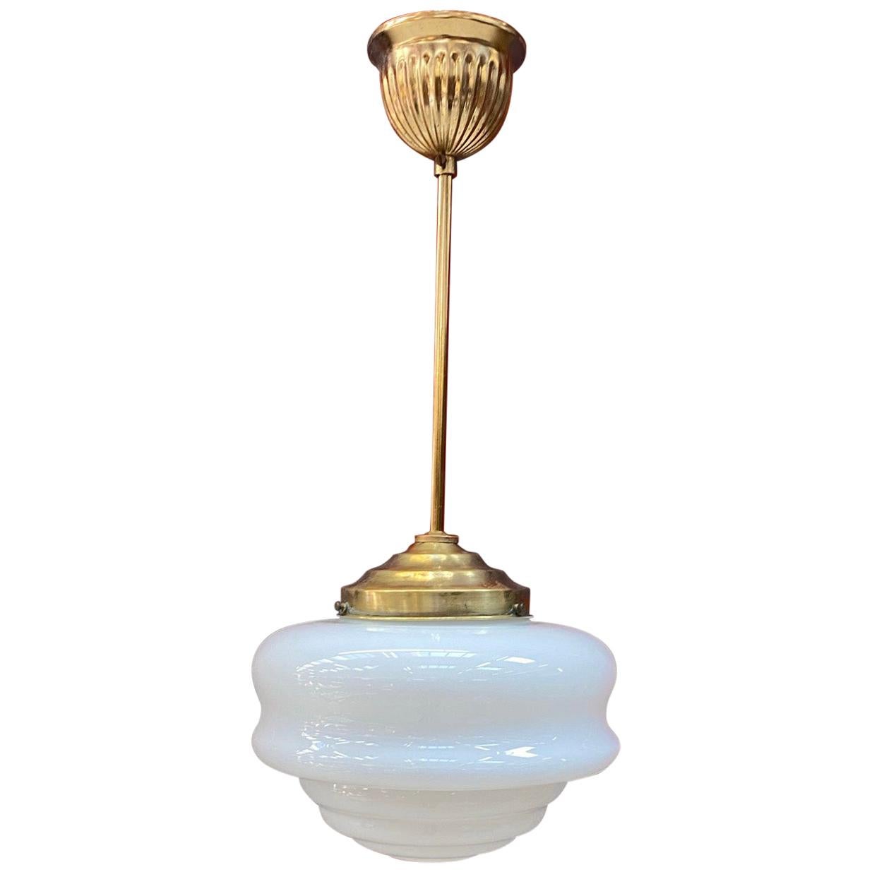 Art Deco Chandelier in Brass and Opaline, circa 1930/1950 For Sale