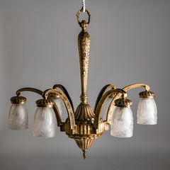 Art Deco Chandelier in Bronze by Hetier & Vincet with Schneider shades, 1930s