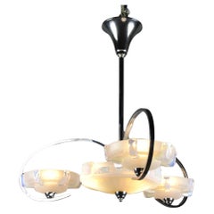 Art Deco Chandelier In Chrome Bronze And Opalescent Glass- Sabino