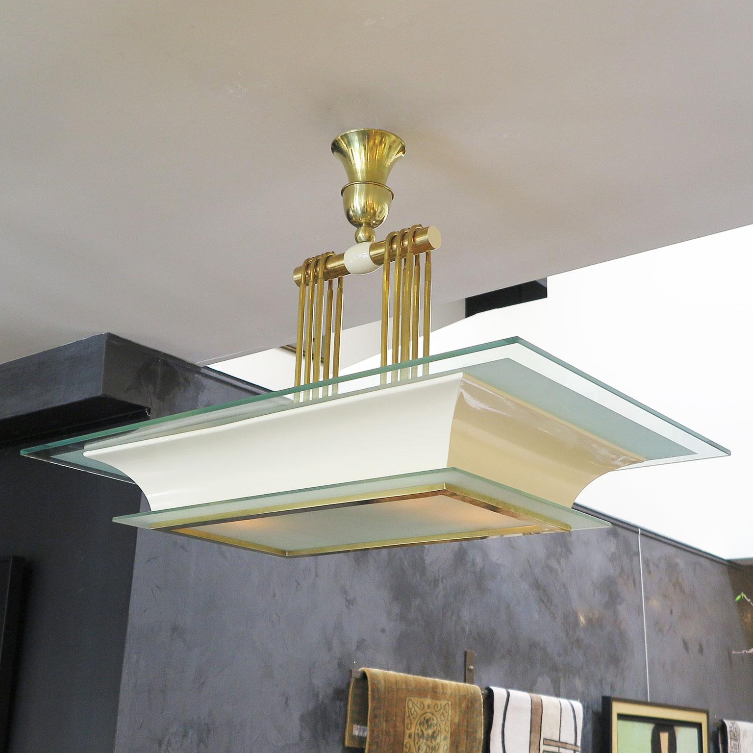 Art Deco Chandelier in Cream Lacquer and Glass with Brass Details In Good Condition In Los Angeles, CA