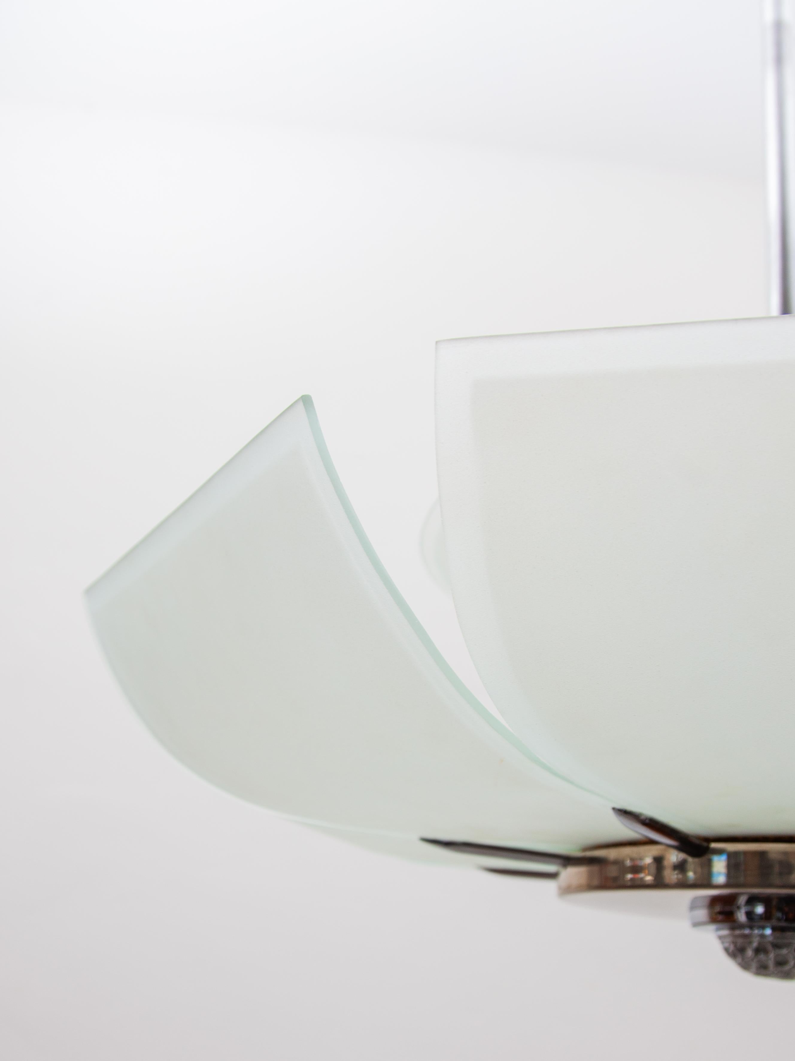 Art Deco Kronleuchter aus Glas und Chrom, 1925, Frankreich, Modernes Blumendesign im Angebot 4