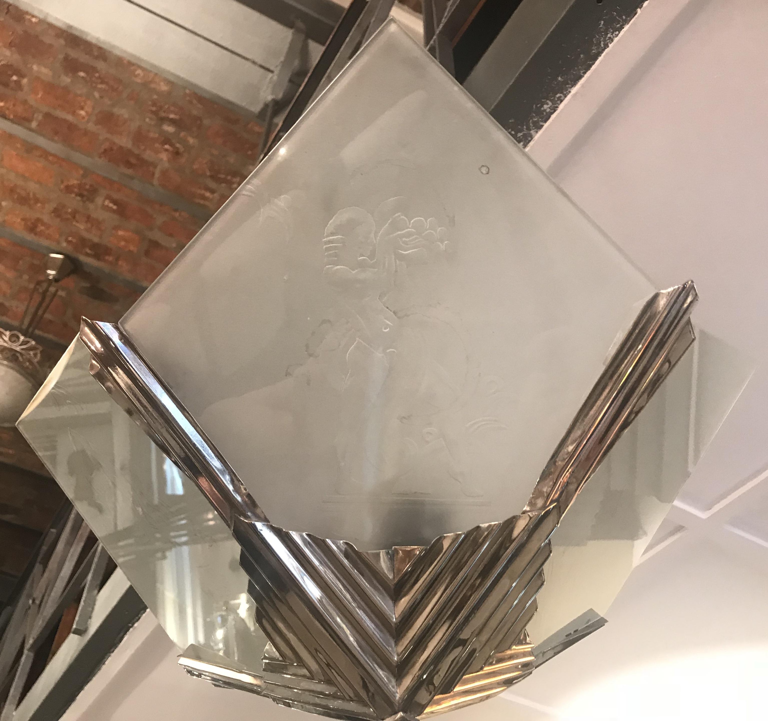 Art Deco chandelier in glass and chrome bronze , France, 1920 For Sale 5