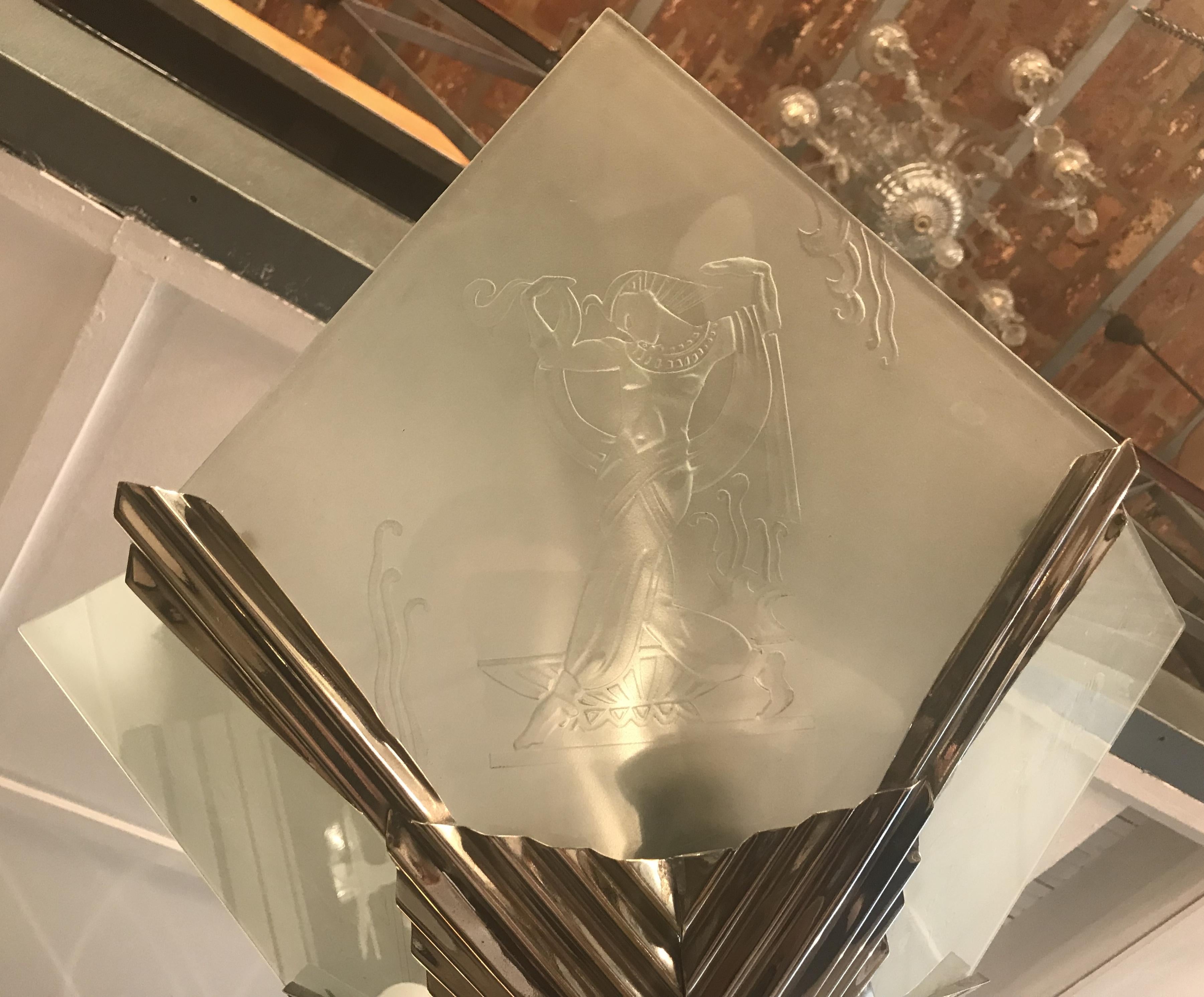 Glass Art Deco chandelier in glass and chrome bronze , France, 1920 For Sale