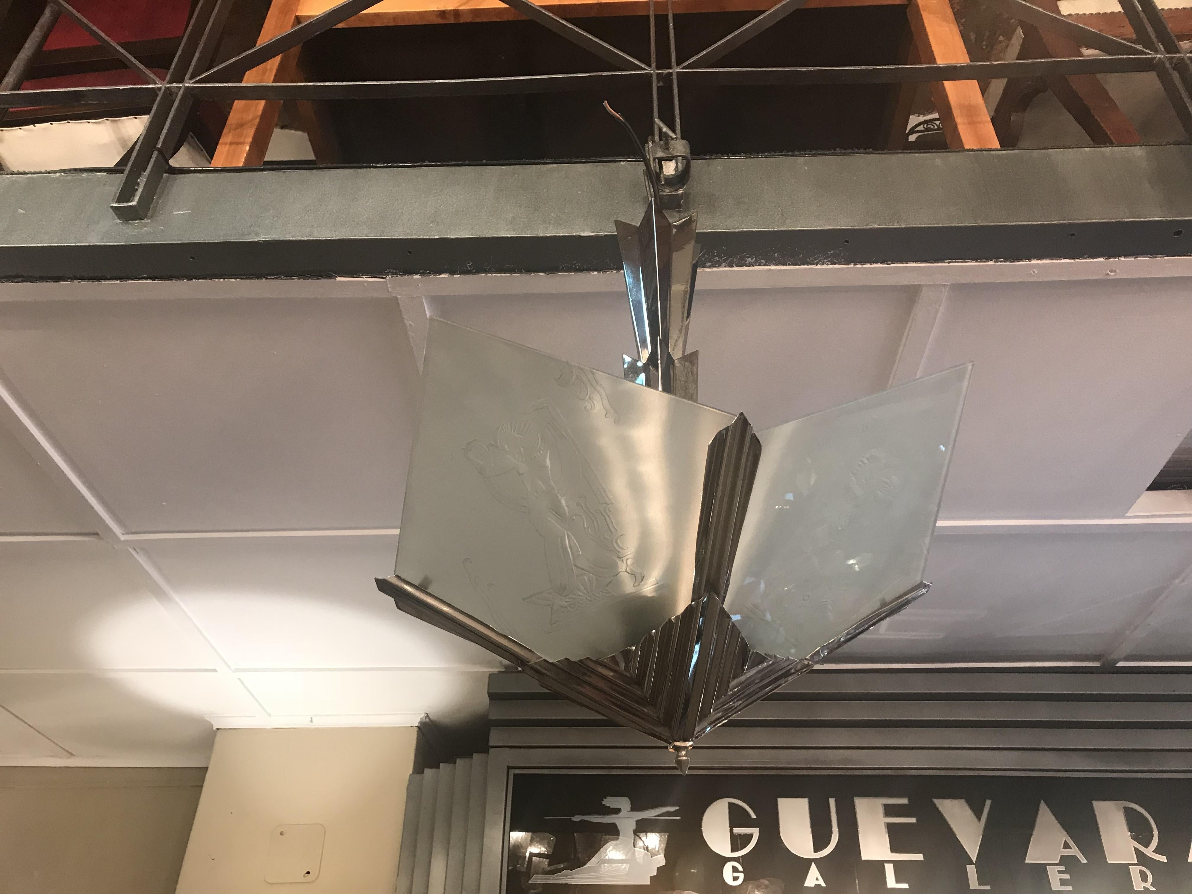 Art Deco chandelier in glass and chrome bronze , France, 1920 For Sale 2