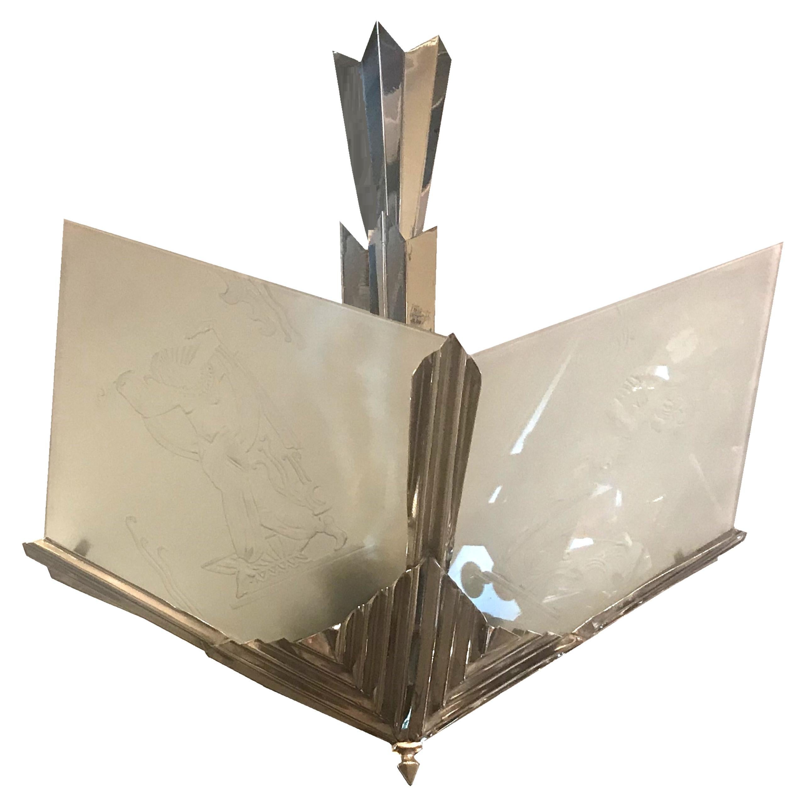 Art Deco chandelier in glass and chrome bronze , France, 1920