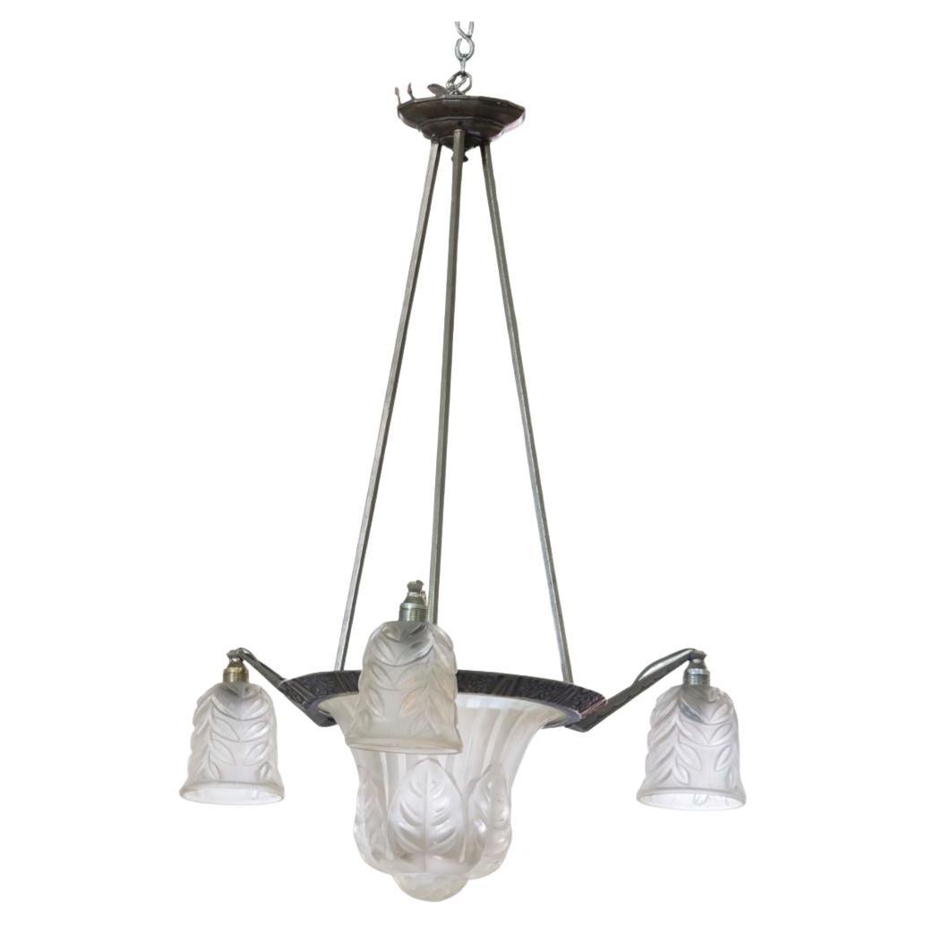 Art Deco Chandelier in Metal and Glass, France 1930 For Sale
