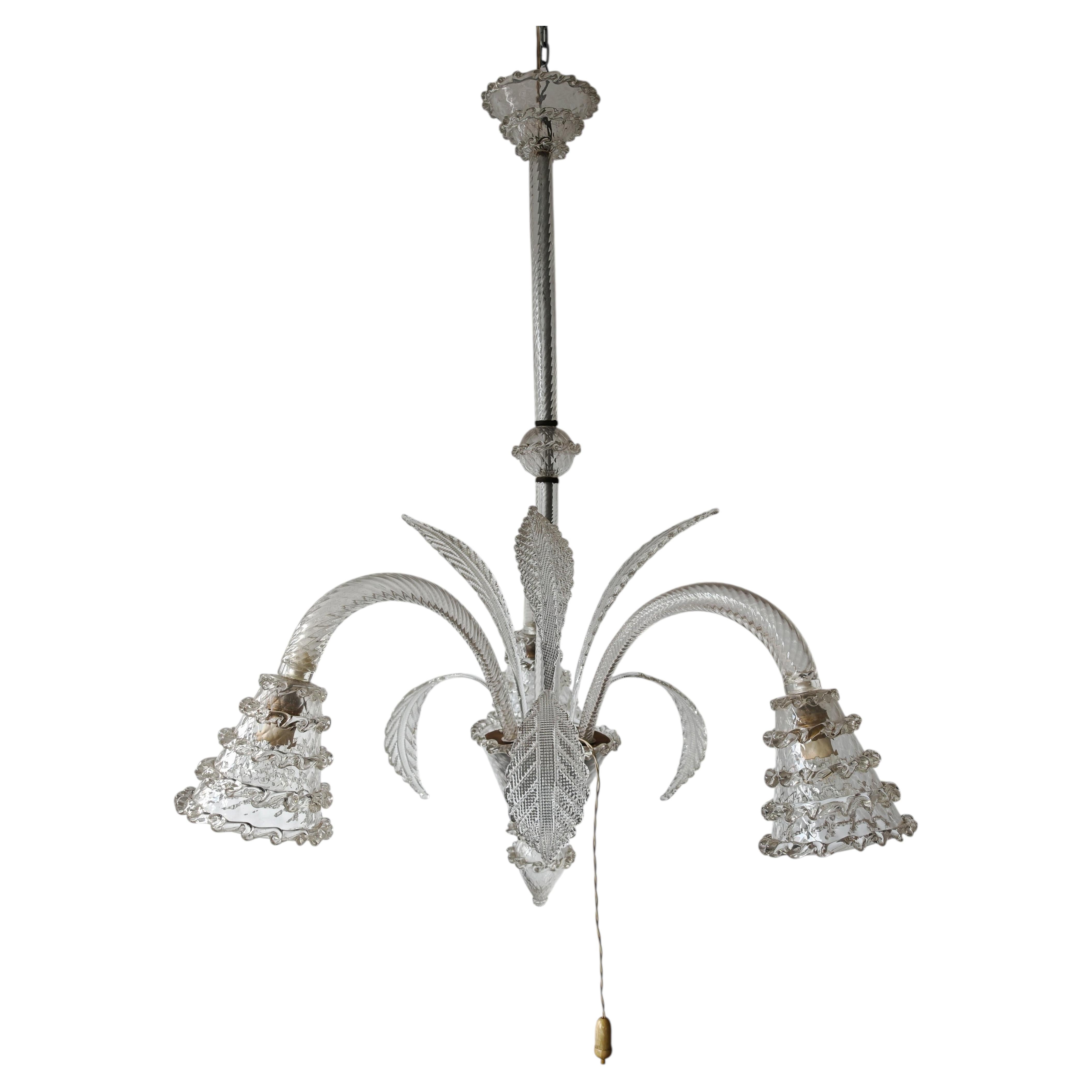 Art Deco Chandelier in Murano glass by Barovier and Toso, Italy 1940s
