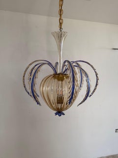 Art Deco chandelier in Murano gold and blue glass attr to Seguso. Italy ca 1940