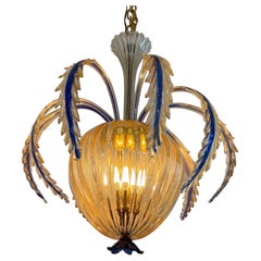 Art Deco chandelier in Murano gold and blue glass attr to Seguso. Italy ca 1940