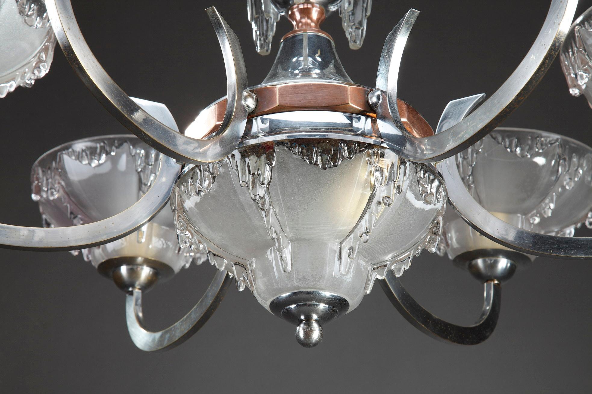 Art Deco Chandelier in Nickel-Plated Metal and Copper For Sale 5