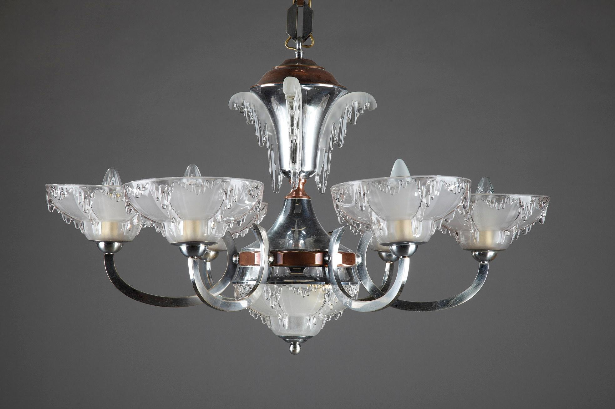 Art Deco Chandelier in Nickel-Plated Metal and Copper For Sale 14