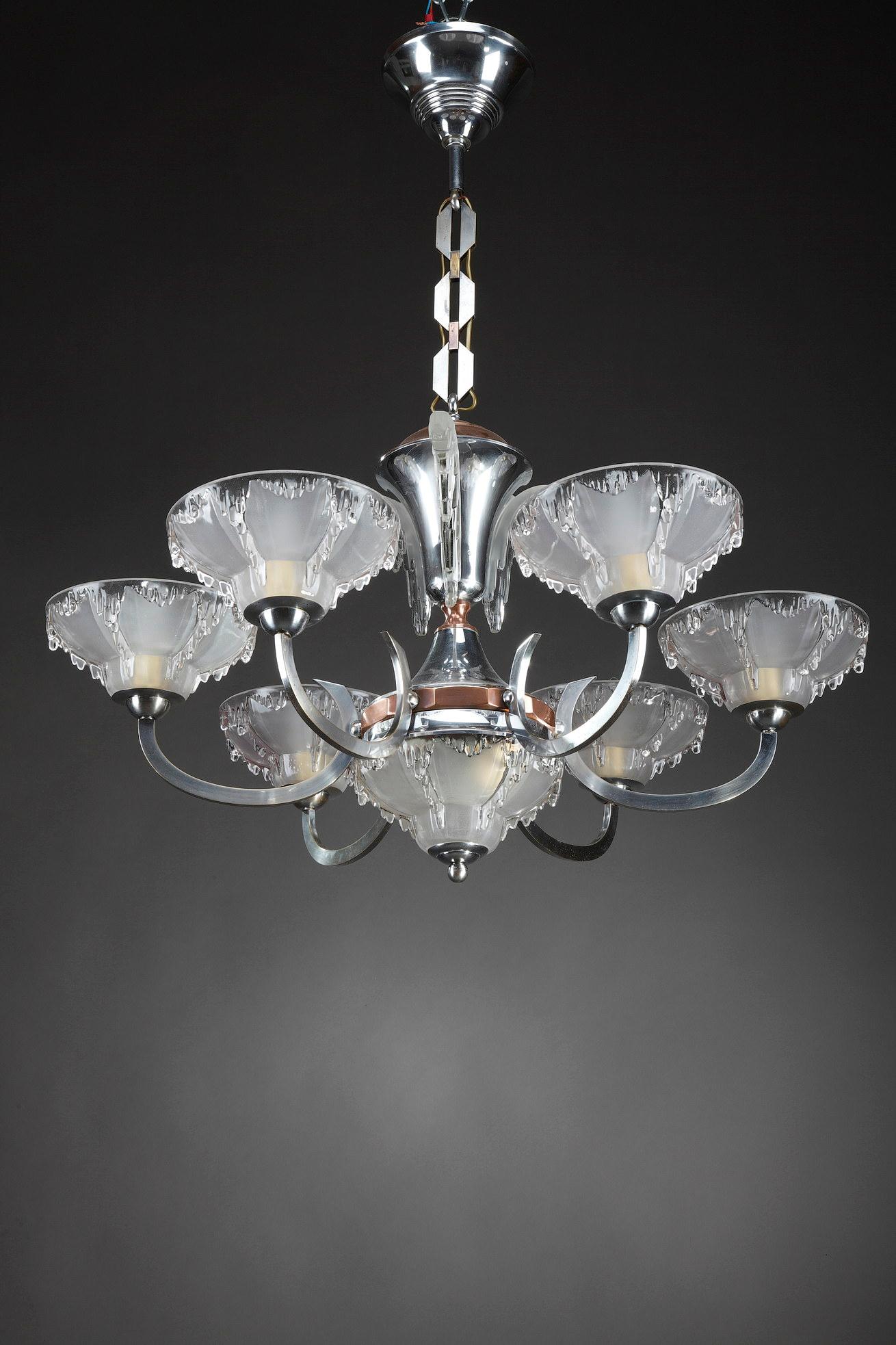 French Art Deco Chandelier in Nickel-Plated Metal and Copper For Sale