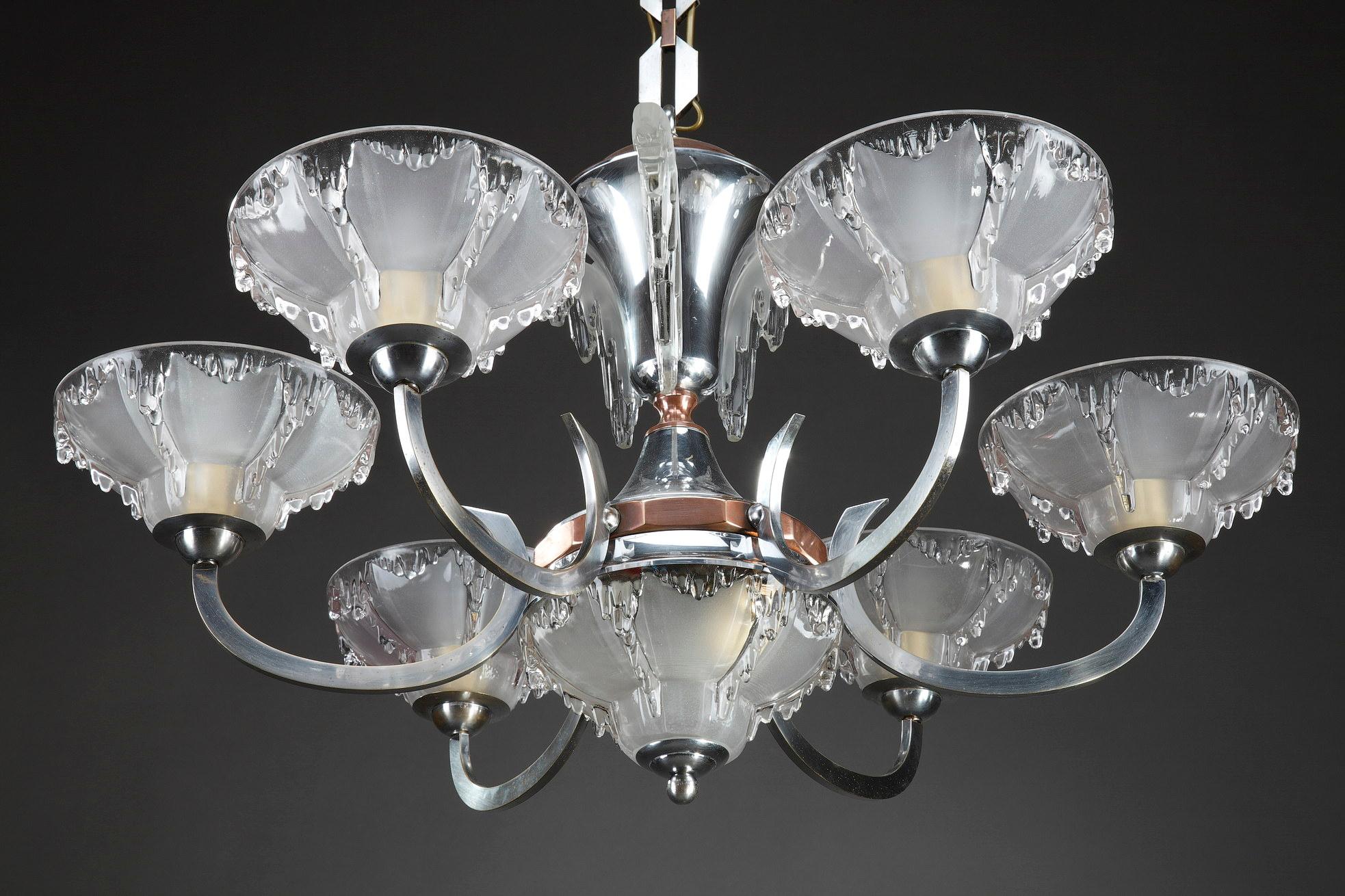 Art Deco Chandelier in Nickel-Plated Metal and Copper In Good Condition For Sale In Paris, FR
