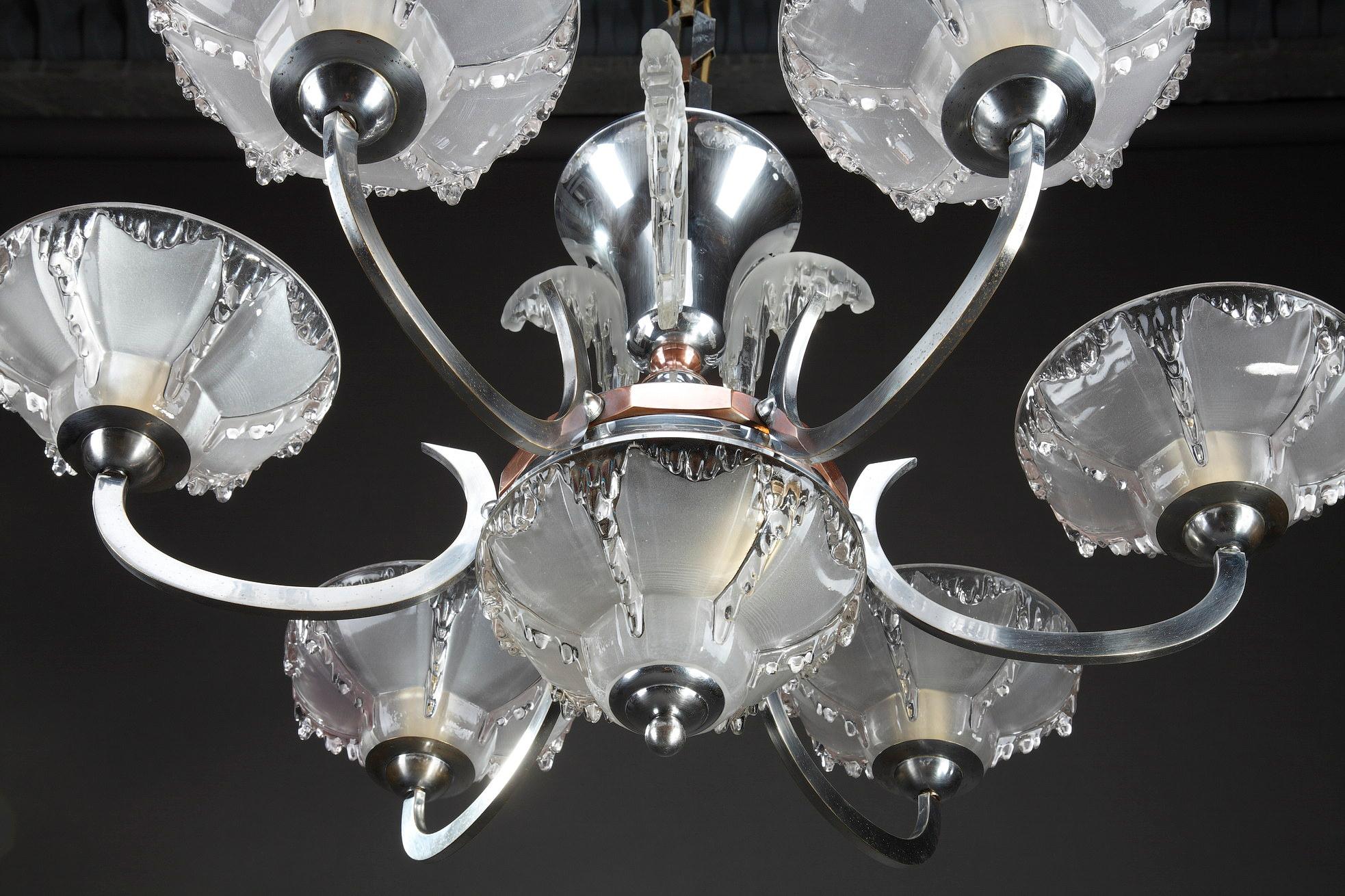 Art Deco Chandelier in Nickel-Plated Metal and Copper For Sale 1