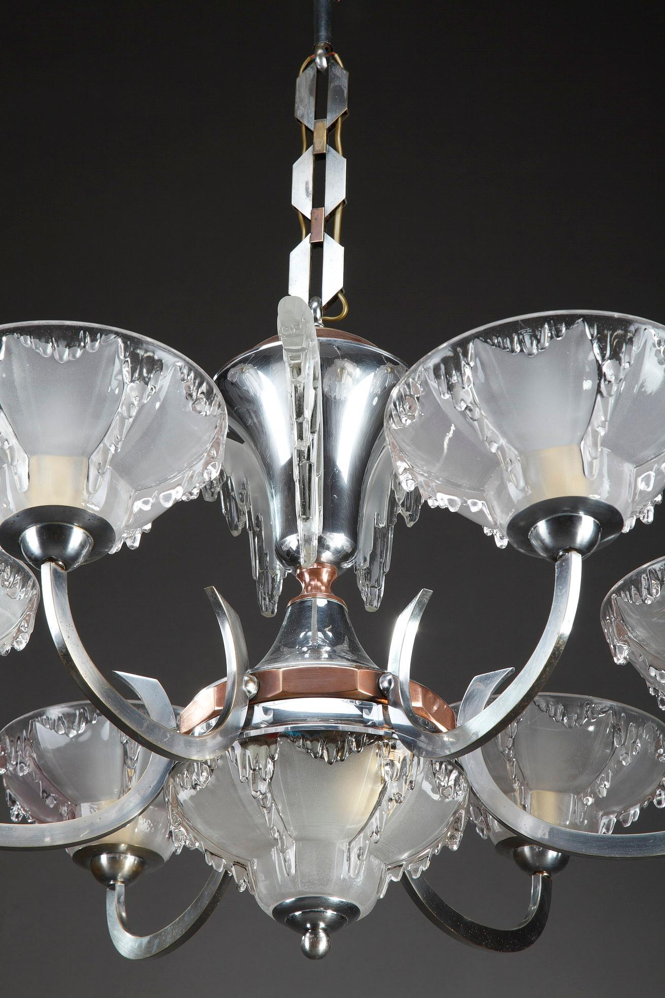 Art Deco Chandelier in Nickel-Plated Metal and Copper For Sale 2