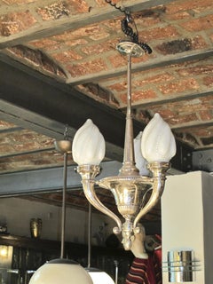 Art Deco Chandelier in Opaline and Silver Plated Bronze, 1930