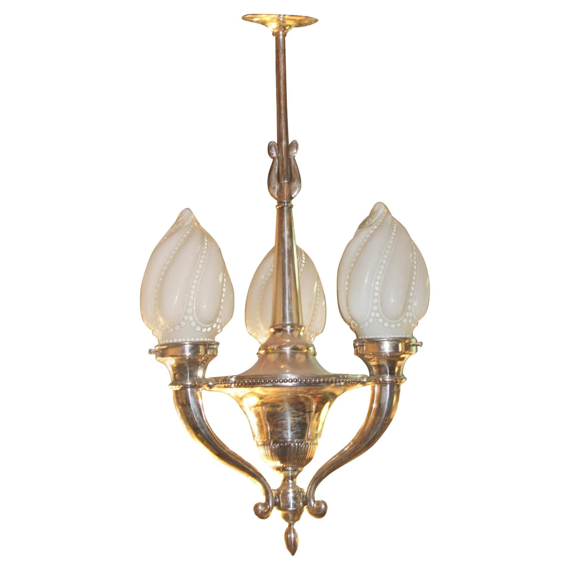 Art Deco Chandelier in Opaline and Silver Plated Bronze, 1930 For Sale