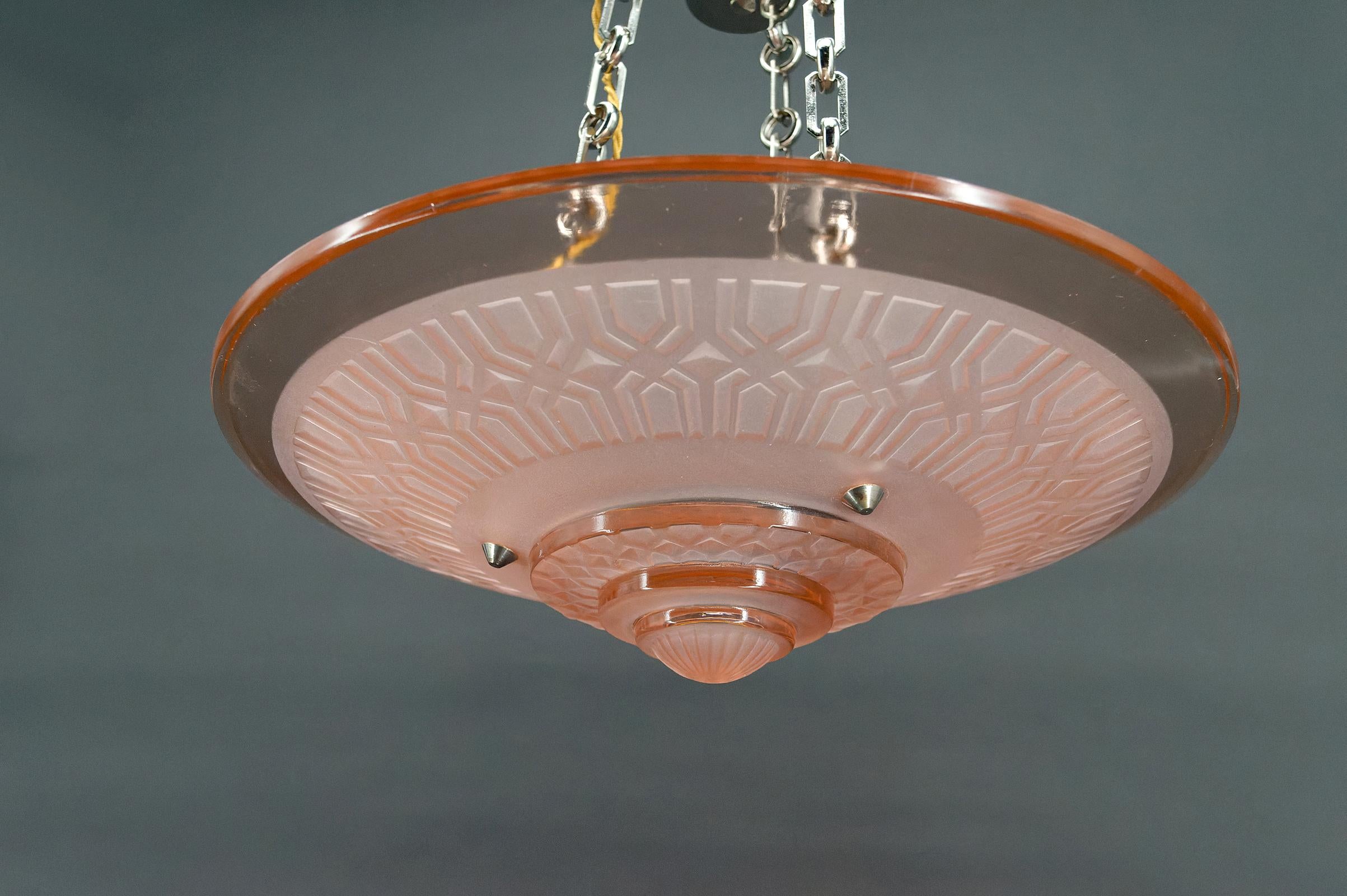 Nickel Art Deco chandelier in pink glass and chrome bronze by Henry Petitot, Circa 1930 For Sale