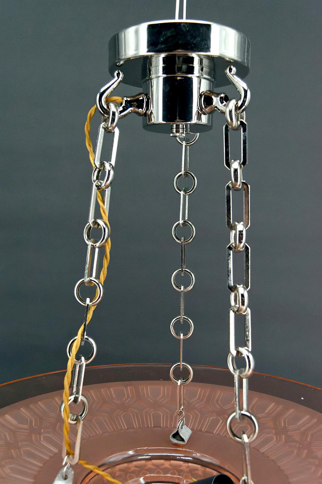 Lámpara Art Déco de cristal rosa y bronce cromado de Henry Petitot, Circa 1930 en venta 1