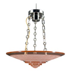Lampadario Art Deco in vetro rosa e bronzo cromato di Henry Petitot, Circa 1930