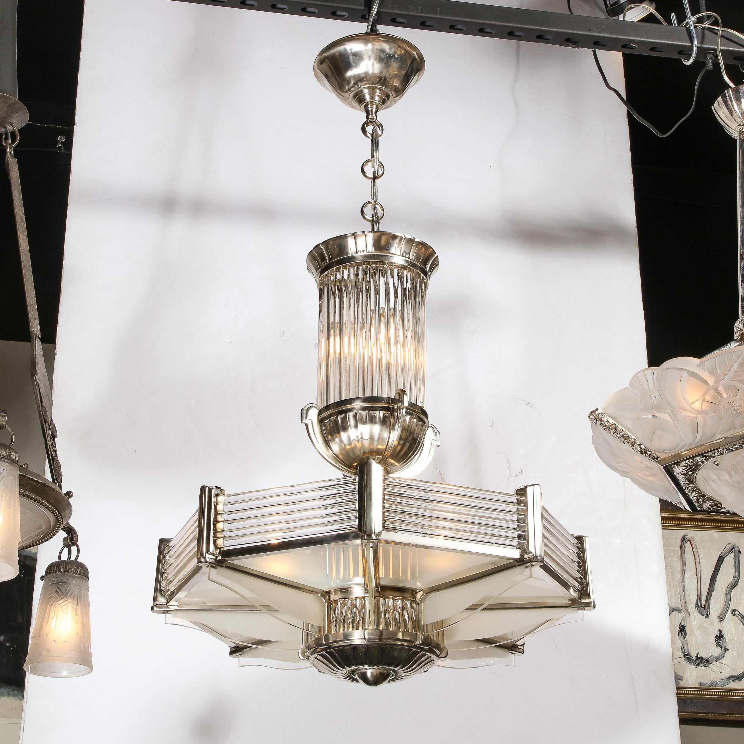 Art Deco Chandelier in Satin Nickel & Transparent Glass Rods by Atelier Petitot 6