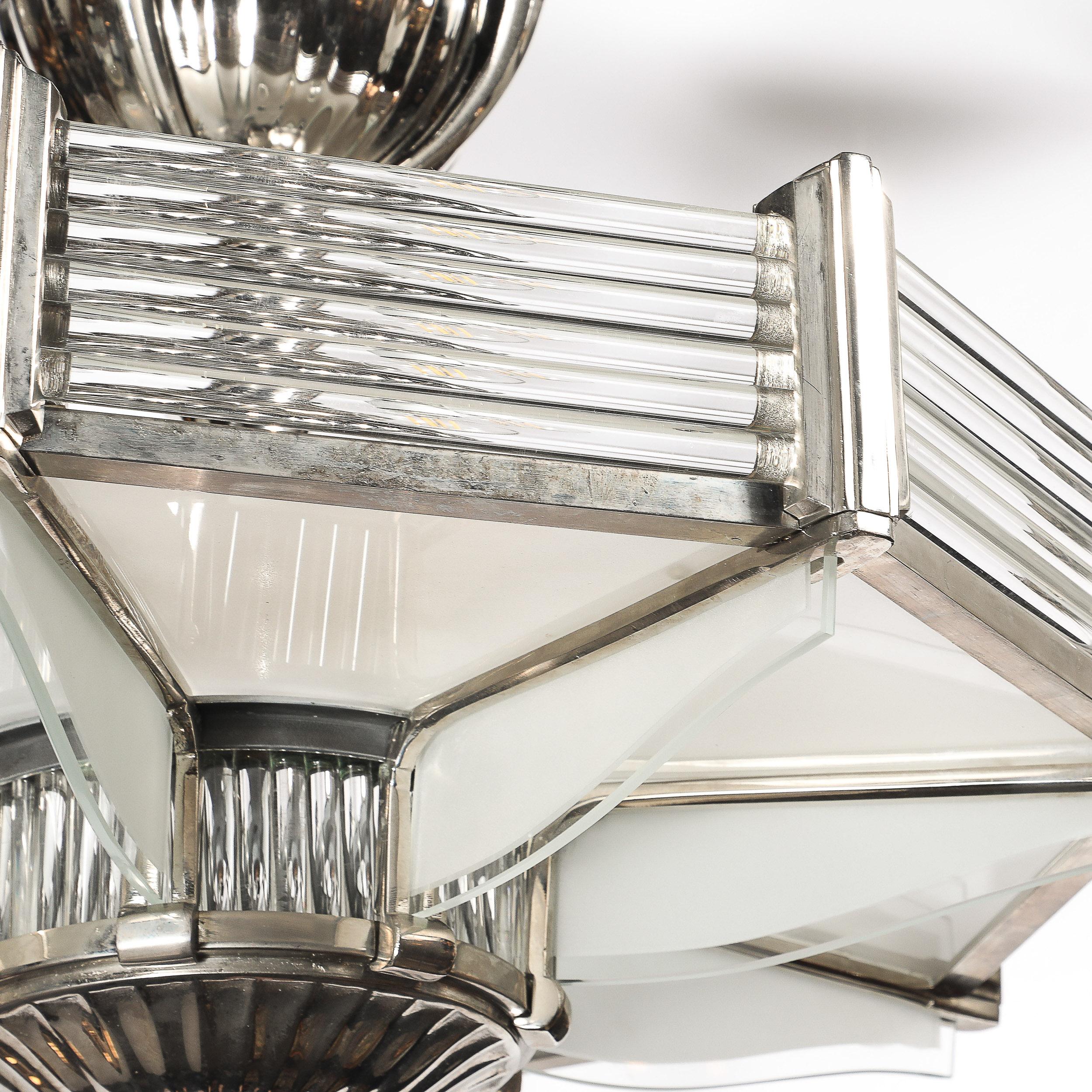 Lampadario Art Deco in nichel satinato e aste in vetro trasparente di Atelier Petitot in vendita 7