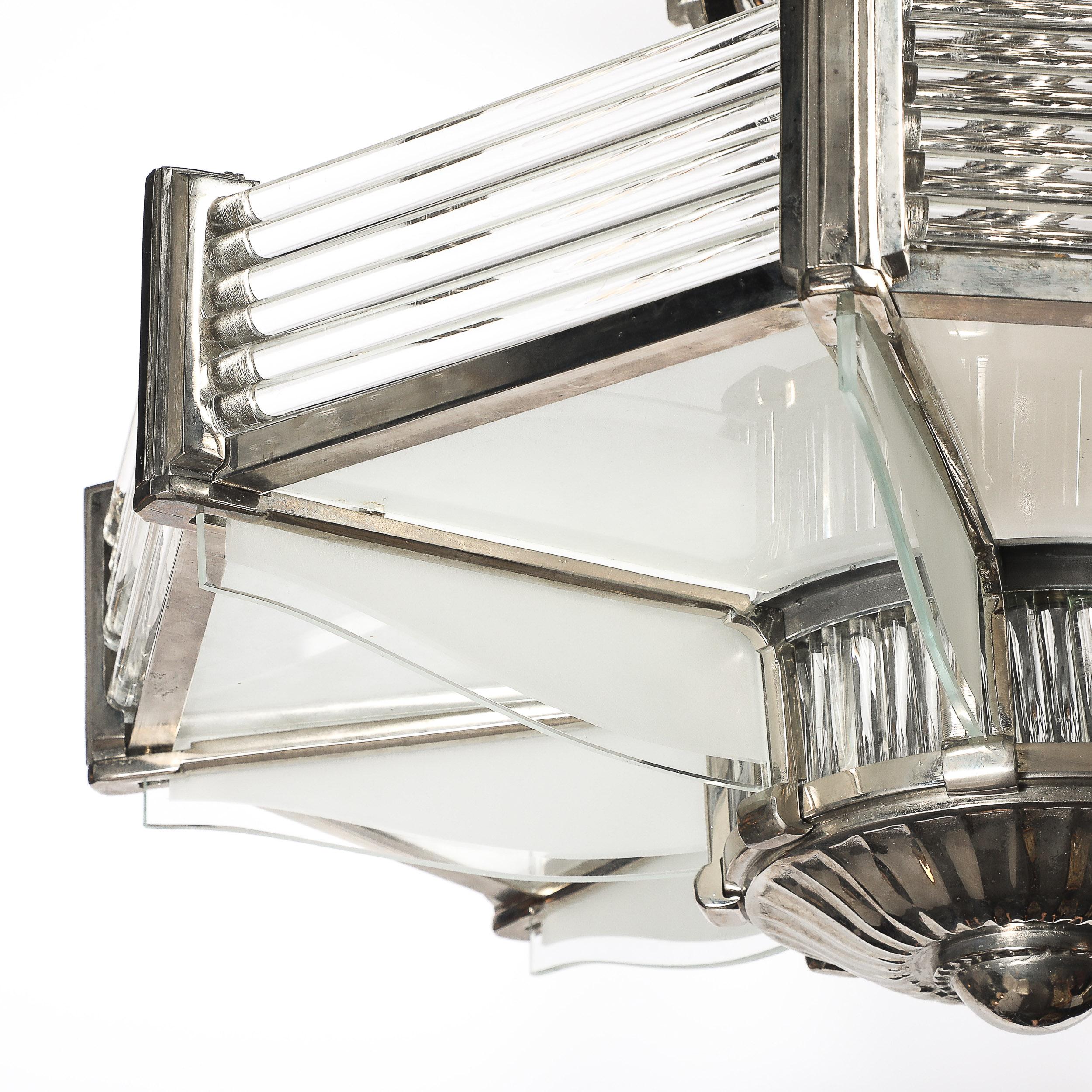 Lampadario Art Deco in nichel satinato e aste in vetro trasparente di Atelier Petitot in vendita 8