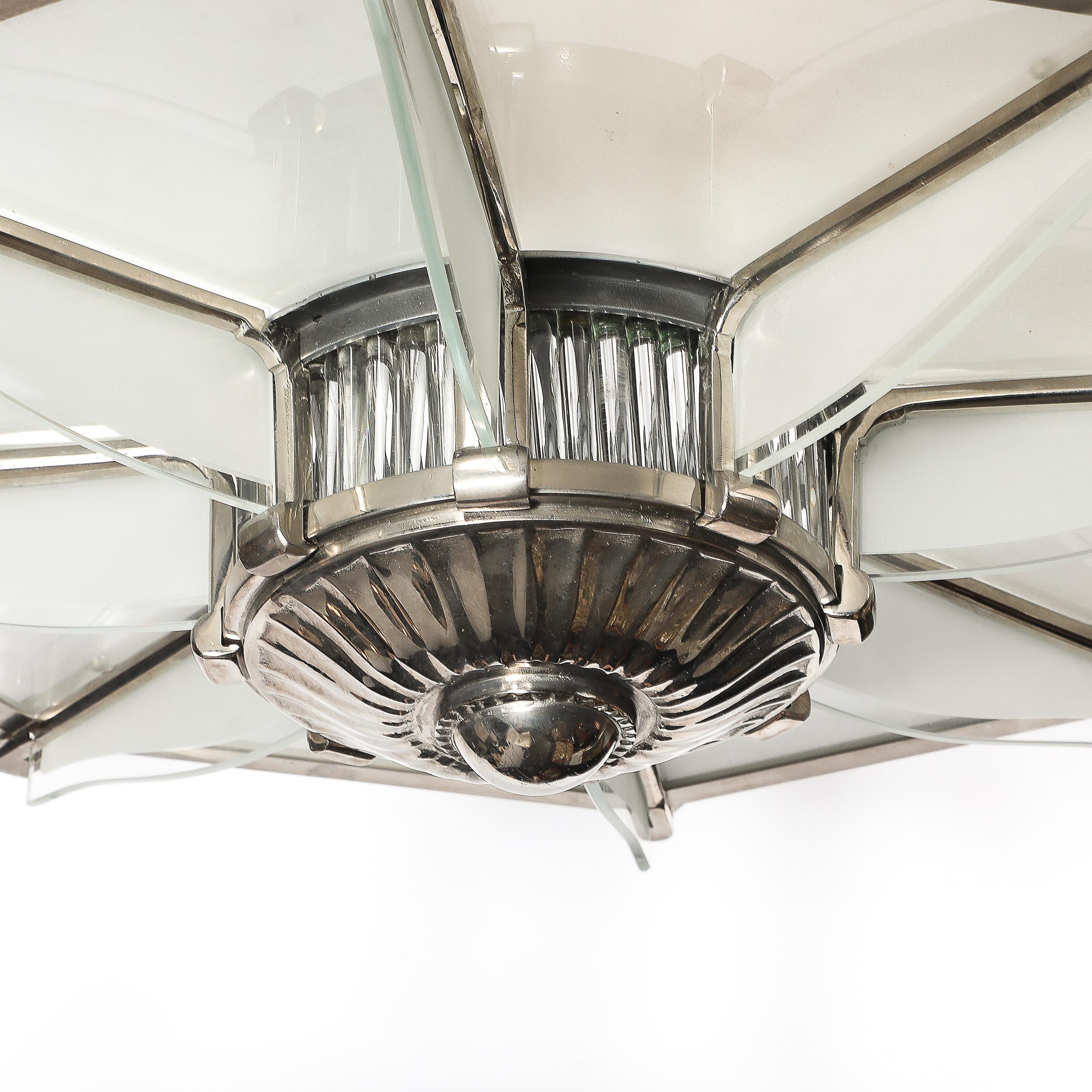 Lampadario Art Deco in nichel satinato e aste in vetro trasparente di Atelier Petitot in vendita 9