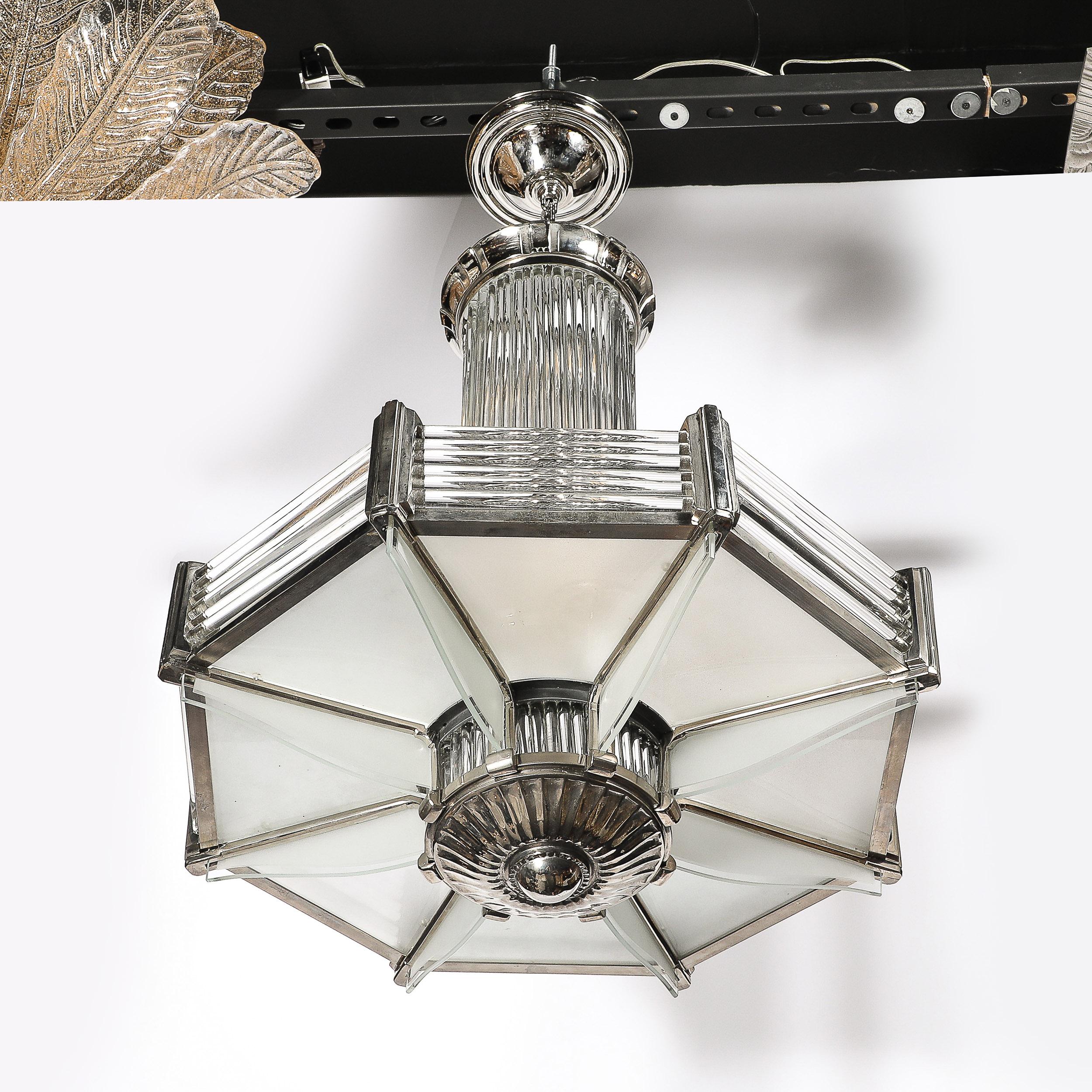 Lampadario Art Deco in nichel satinato e aste in vetro trasparente di Atelier Petitot in vendita 10