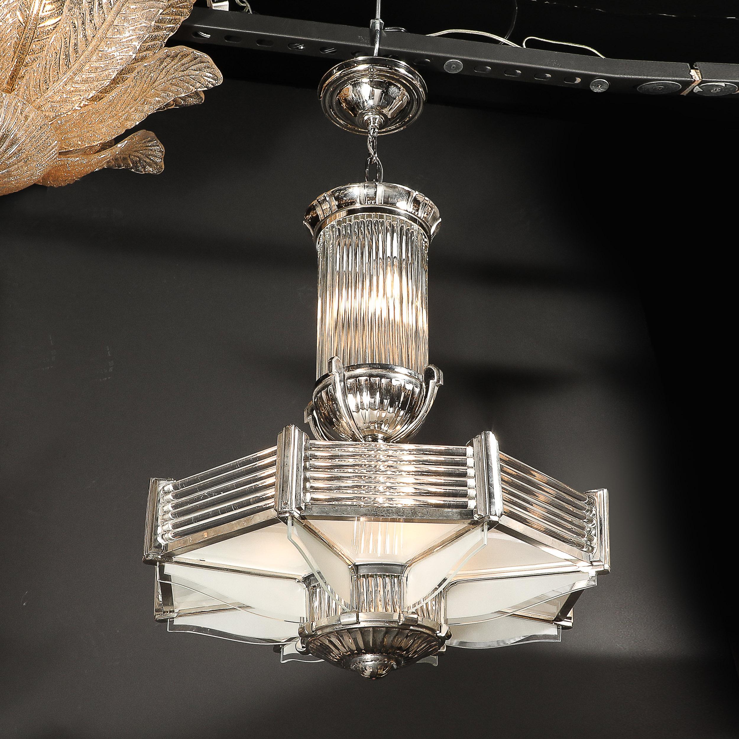 Lampadario Art Deco in nichel satinato e aste in vetro trasparente di Atelier Petitot in vendita 12