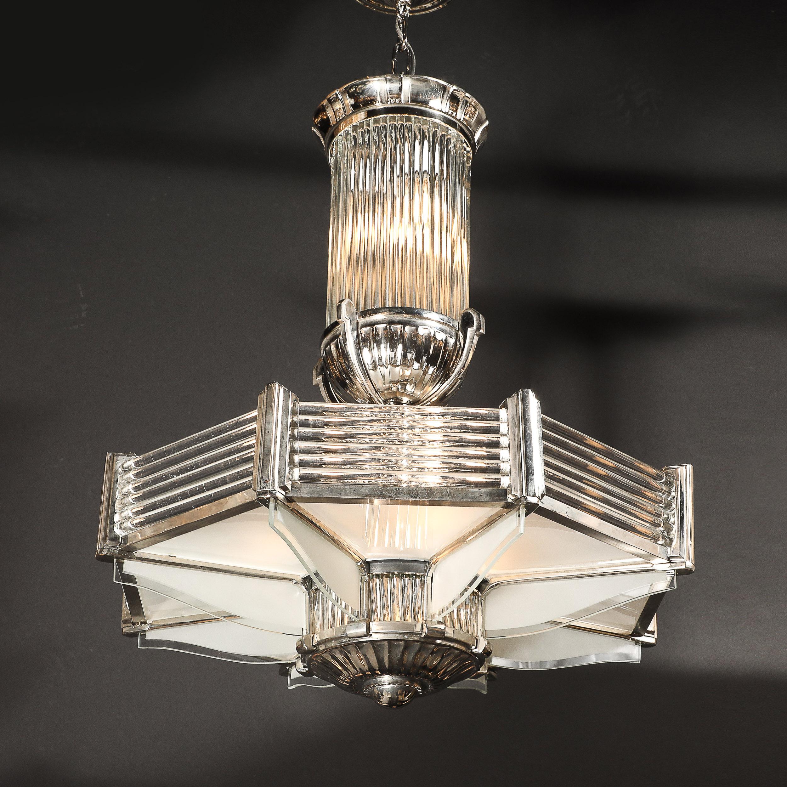 Lampadario Art Deco in nichel satinato e aste in vetro trasparente di Atelier Petitot in vendita 13