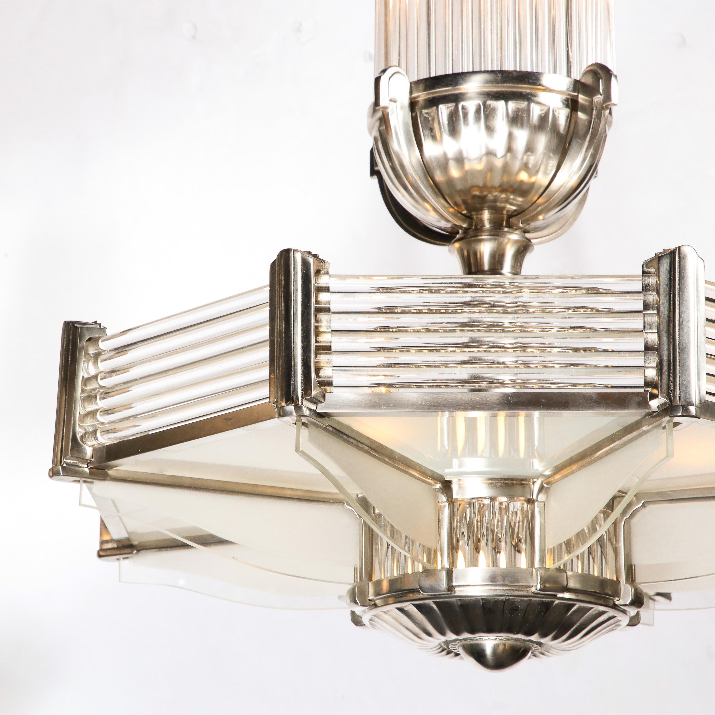 French Art Deco Chandelier in Satin Nickel & Transparent Glass Rods by Atelier Petitot