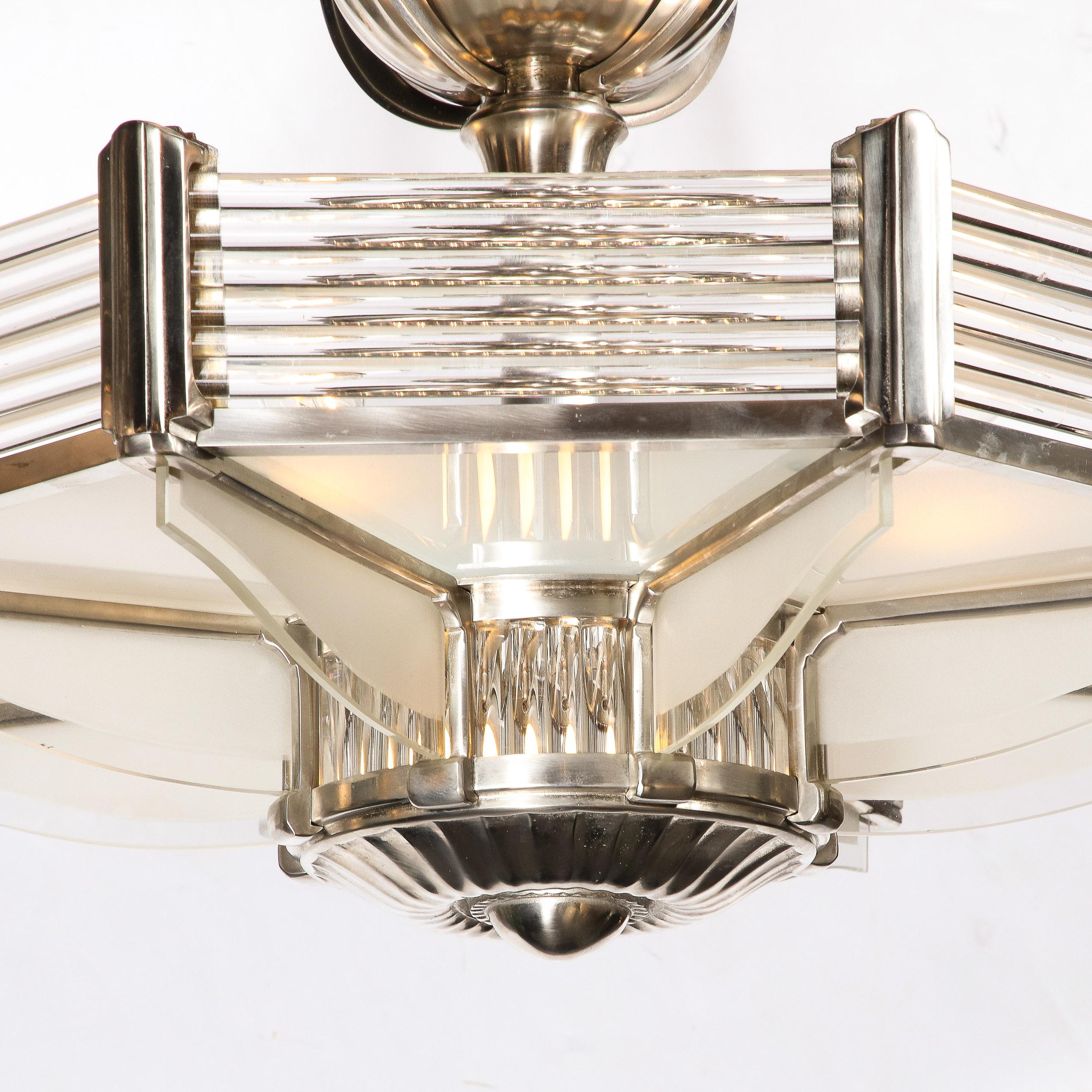 Art Deco Chandelier in Satin Nickel & Transparent Glass Rods by Atelier Petitot In Excellent Condition In New York, NY