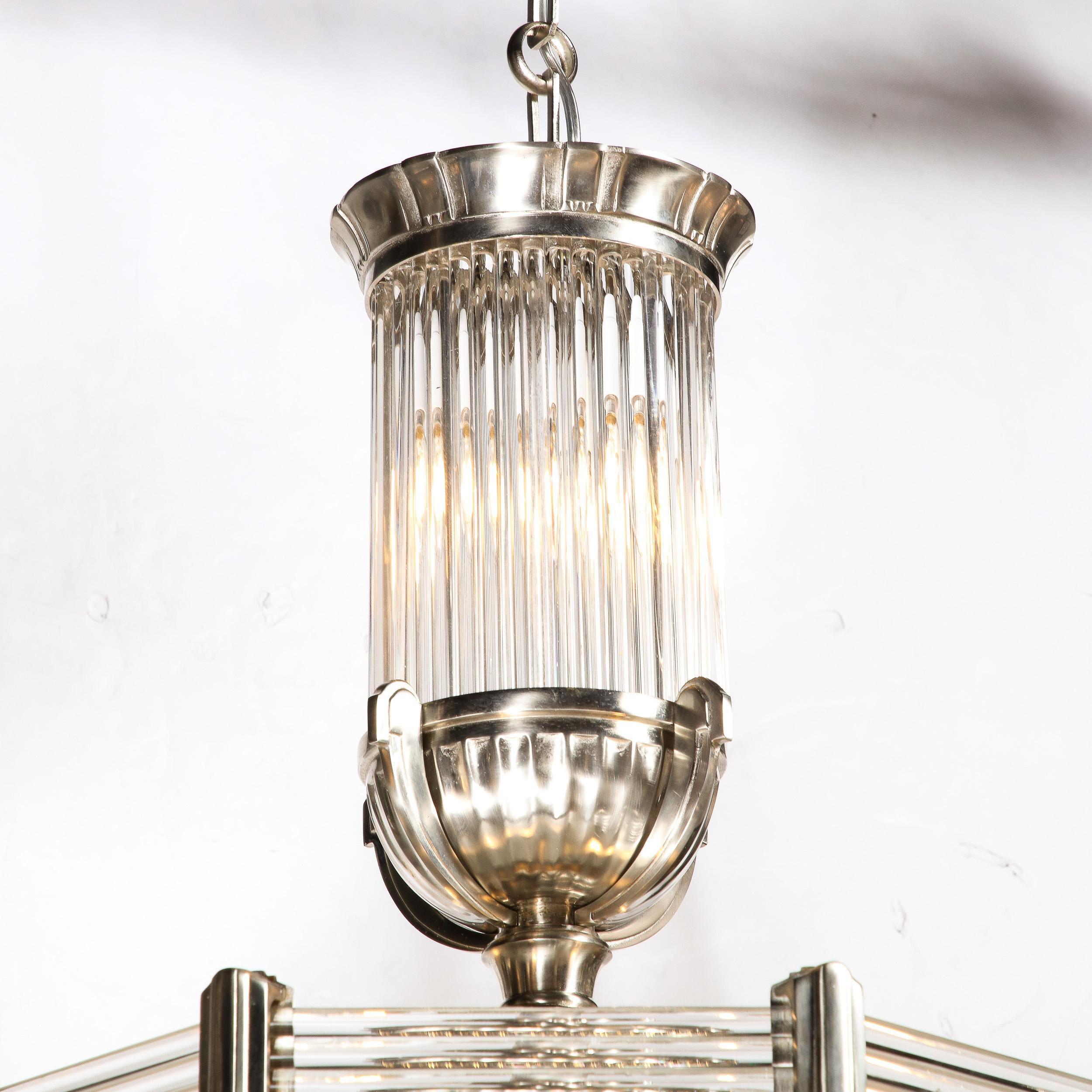 Mid-20th Century Art Deco Chandelier in Satin Nickel & Transparent Glass Rods by Atelier Petitot