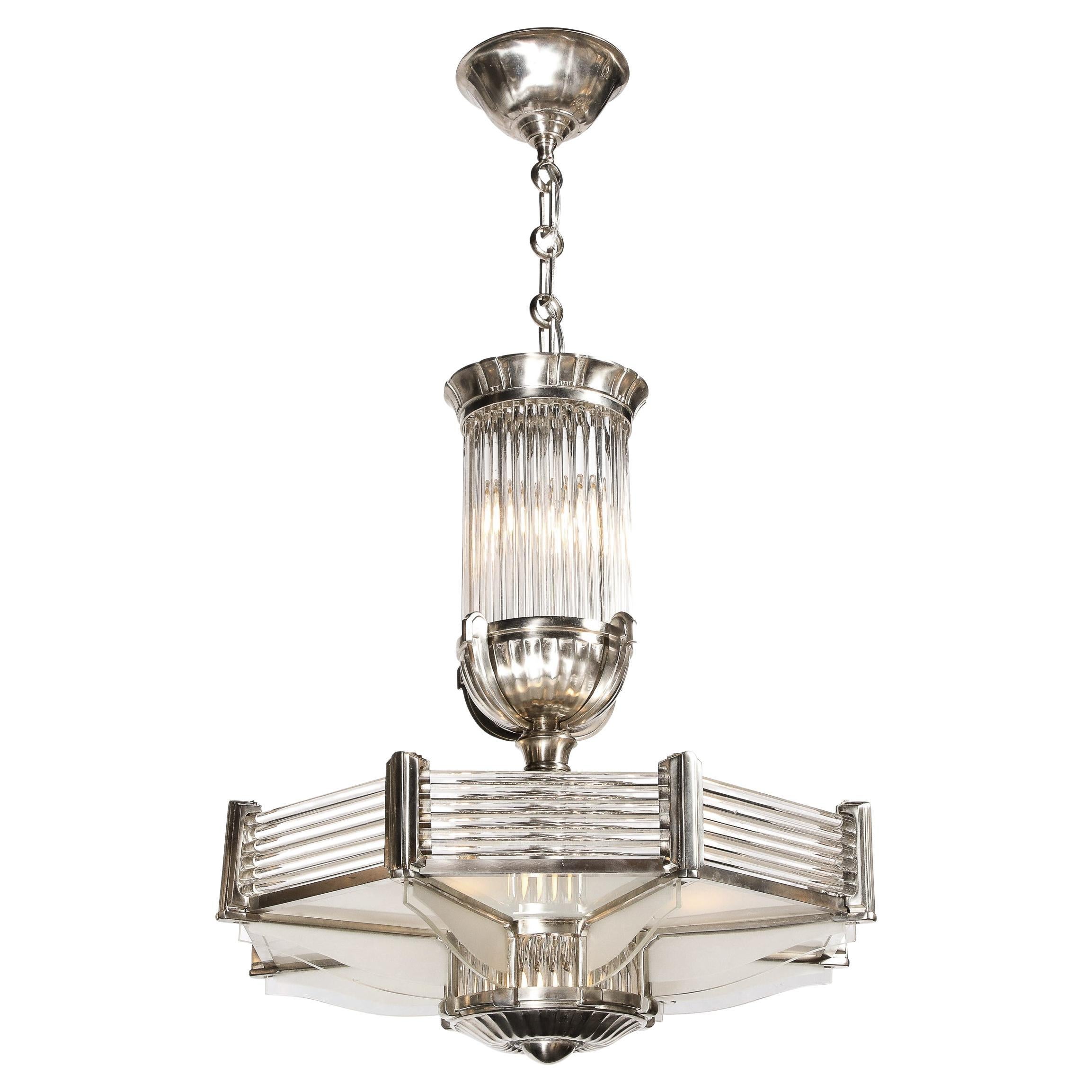 Art Deco Chandelier in Satin Nickel & Transparent Glass Rods by Atelier Petitot