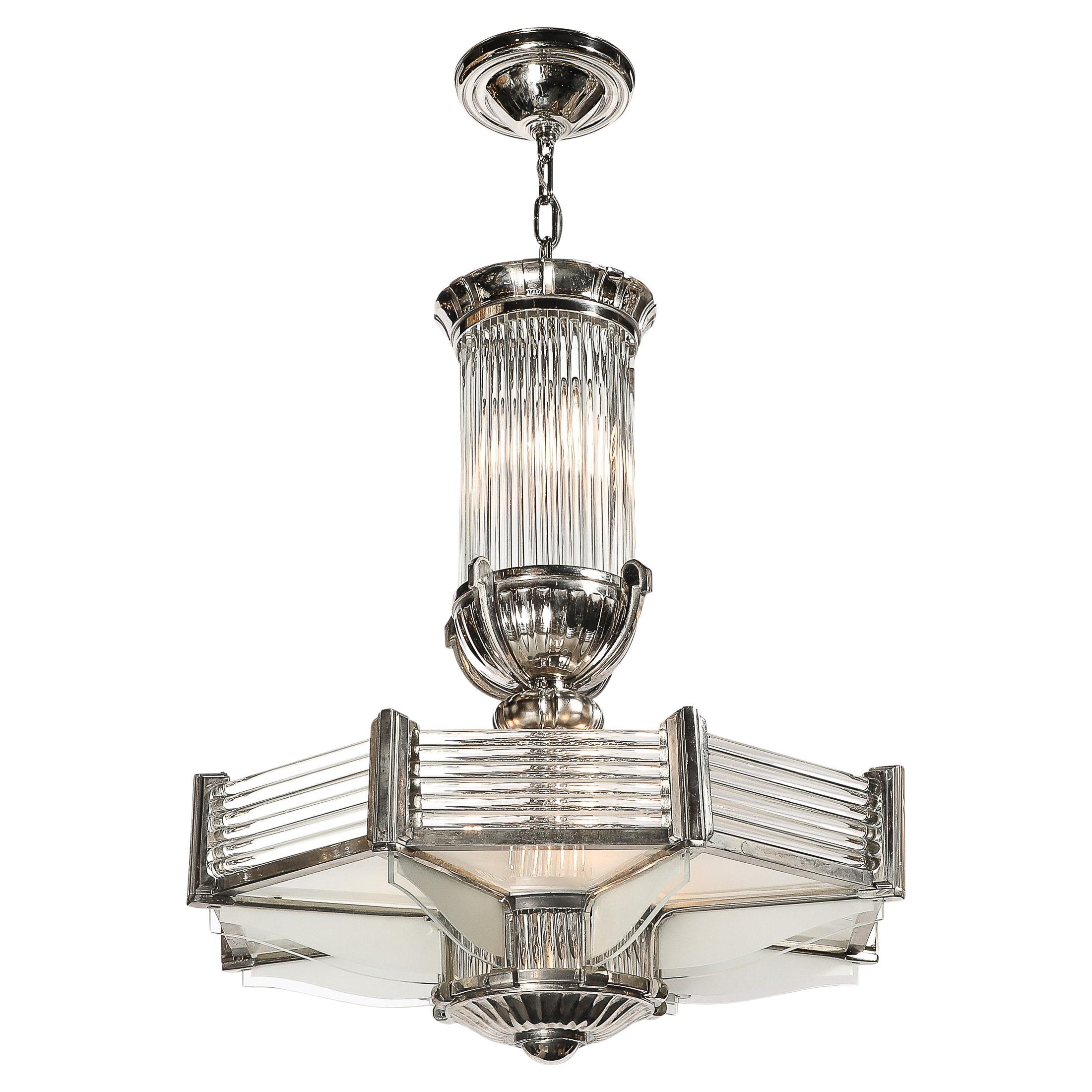 Art Deco Chandelier in Satin Nickel 
Transparent Glass Rods by Atelier Petitot