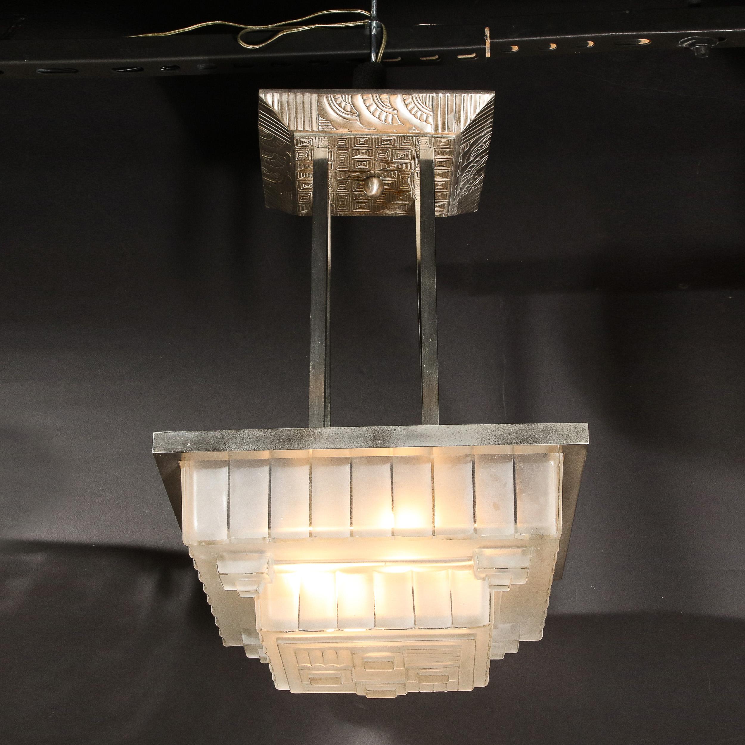 Art Deco Chandelier in Skyscraper Frosted Glass & Silvered Bronze Signed Sabino For Sale 7
